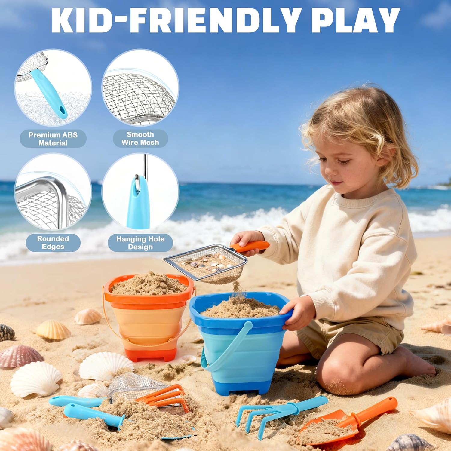 Thumbnail 3 de Dreamon Beach Sand Toys 2-Set: collapsible buckets, sifters, shovel & rake with seashell bag (kids 3–5)