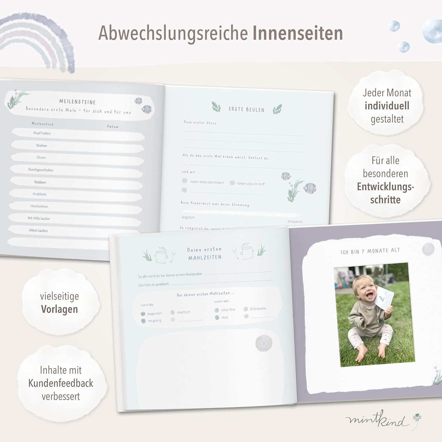 Thumbnail 2 de mintkind® „Mein erstes Jahr“ Babyalbum Wal blau mit 176 Seiten & Sticker-Set (Hardcover, 21 x 21 cm)