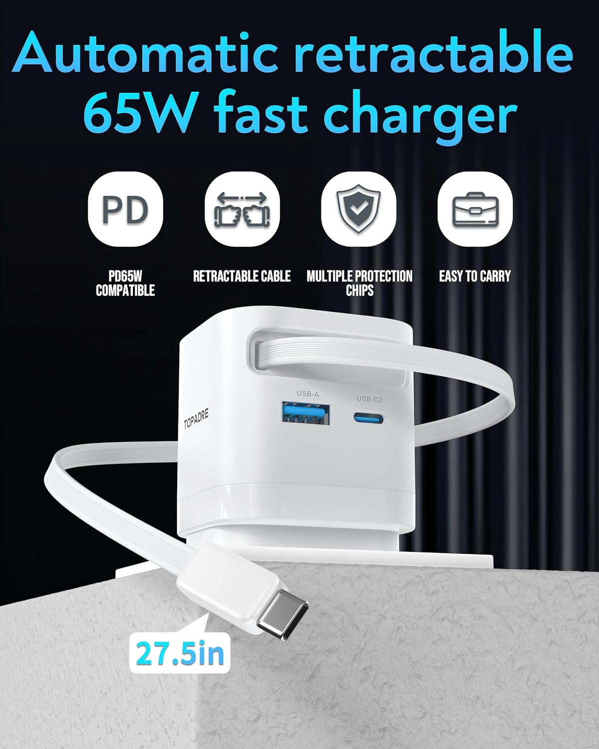 Thumbnail 1 de 65W USB C Charger with Retractable Cable (GaN) – 3-Port UK Plug for MacBook, iPhone, iPad and more