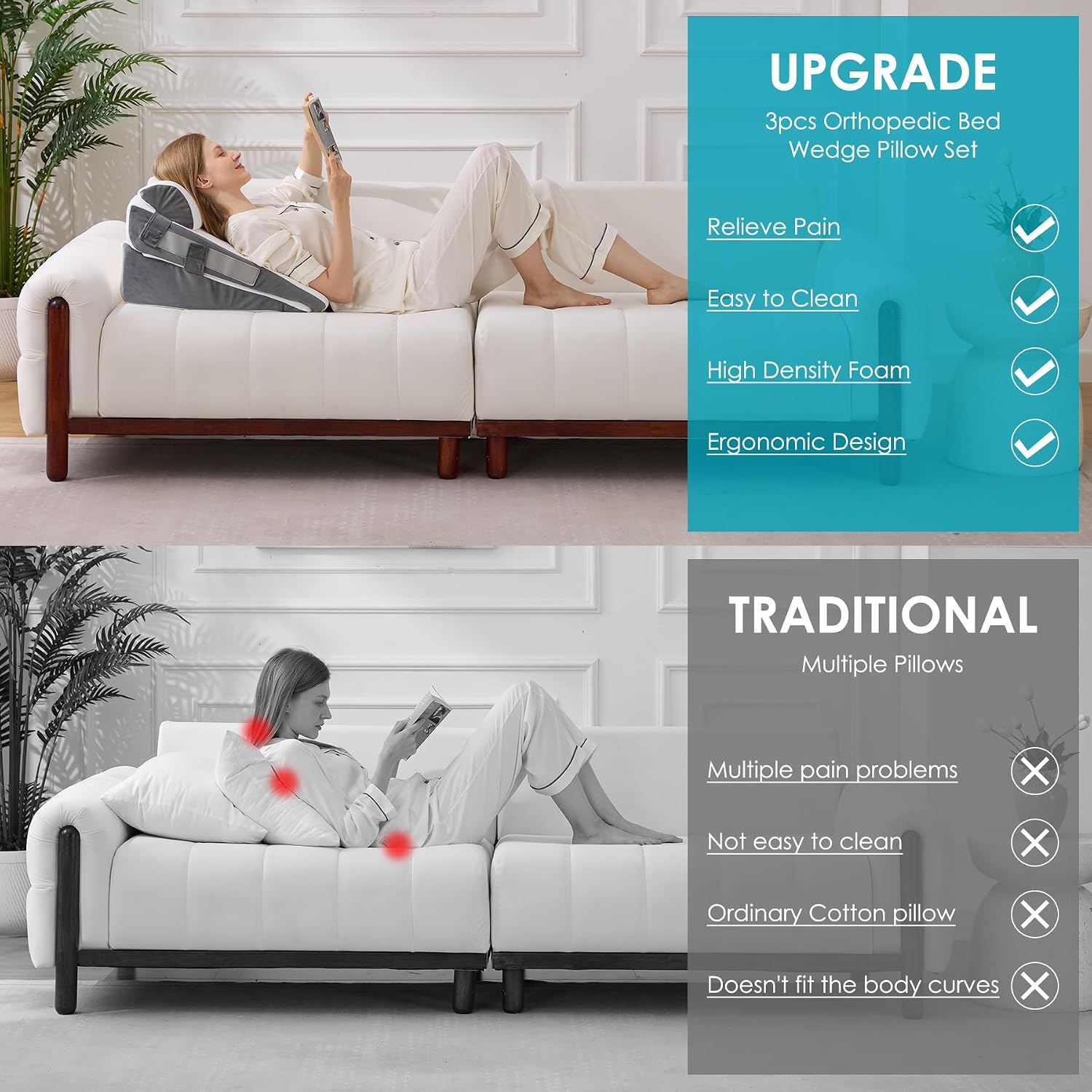 Detalle 1 de WGAKCED WA2212-KQC-BS Adjustable Wedge Pillow Set, 3-Piece Memory Foam