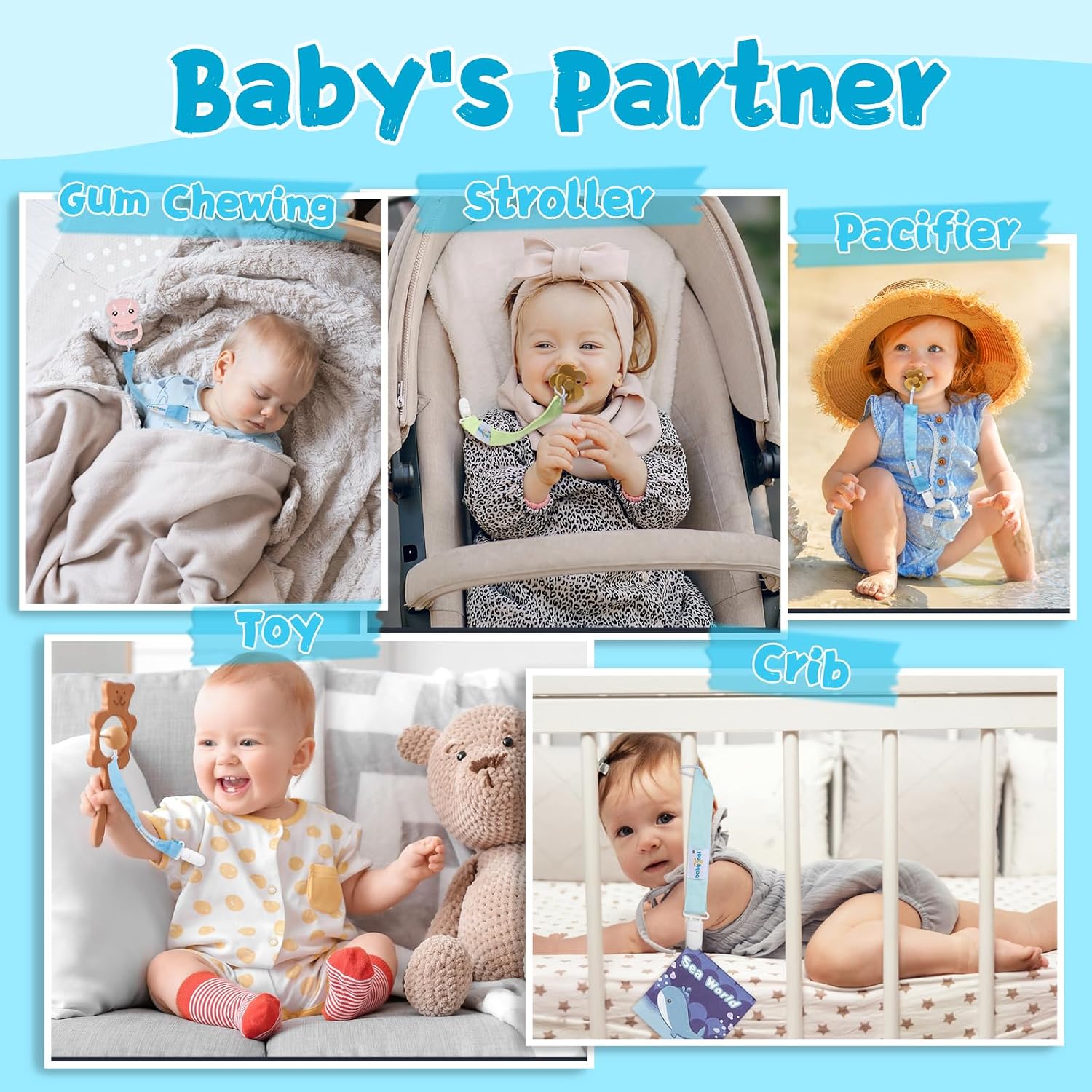 Detalle de babygoal 6PS12-B Ocean Blue Pacifier Clips, 6-Pack Polyester Set