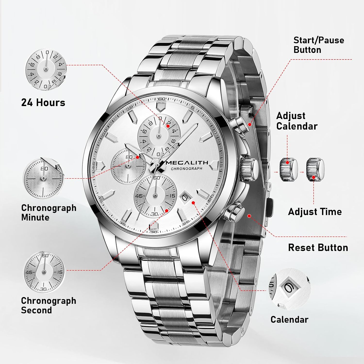 Detalle de MEGALITH Herren Armbanduhr Edelstahl – Analoger Quarz mit Datum, Leuchteffekt und 3ATM Wasserdicht