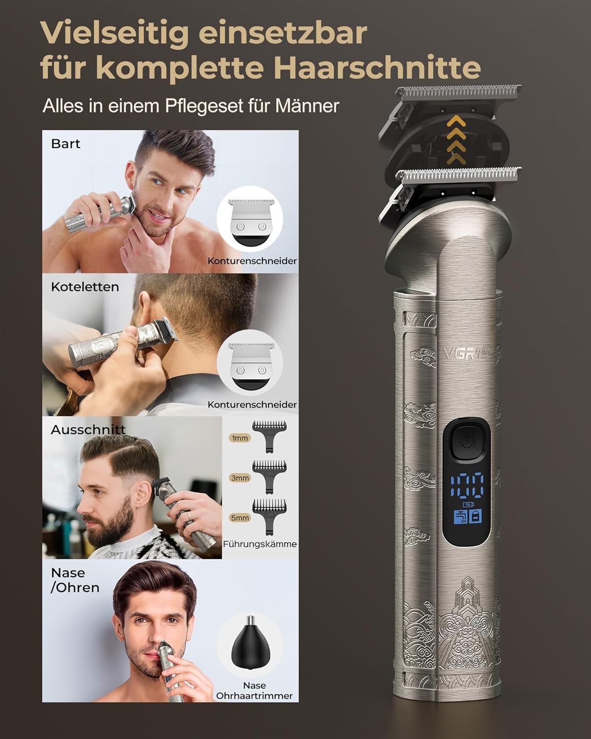 Thumbnail 3 de VGRPRO Haarschneidemaschine Herren Profi-Set (kabellos) mit Trimmer, 9 Führungskämmen & Taper/Fade-Aufsatz