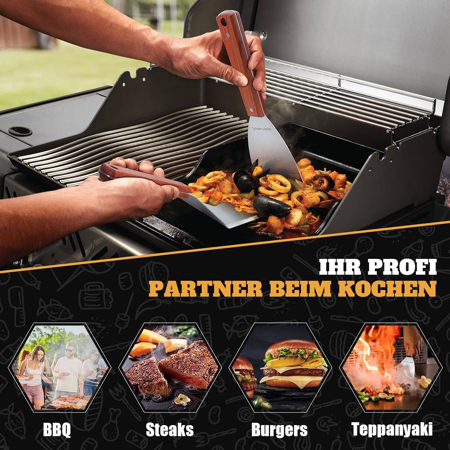 Thumbnail 4 de PURPLEBIRD Grillspachtel-Set aus Edelstahl mit großer Grillwender für Smash Burger
