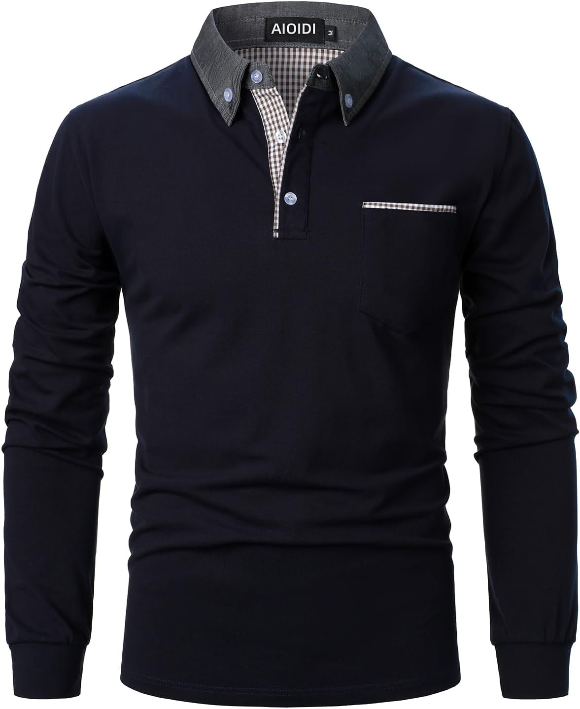 Detalle de AIOIDI Herren Baumwolle Hemdkragen Plaid Poloshirt Langarm – Basic Tennis Polohemd