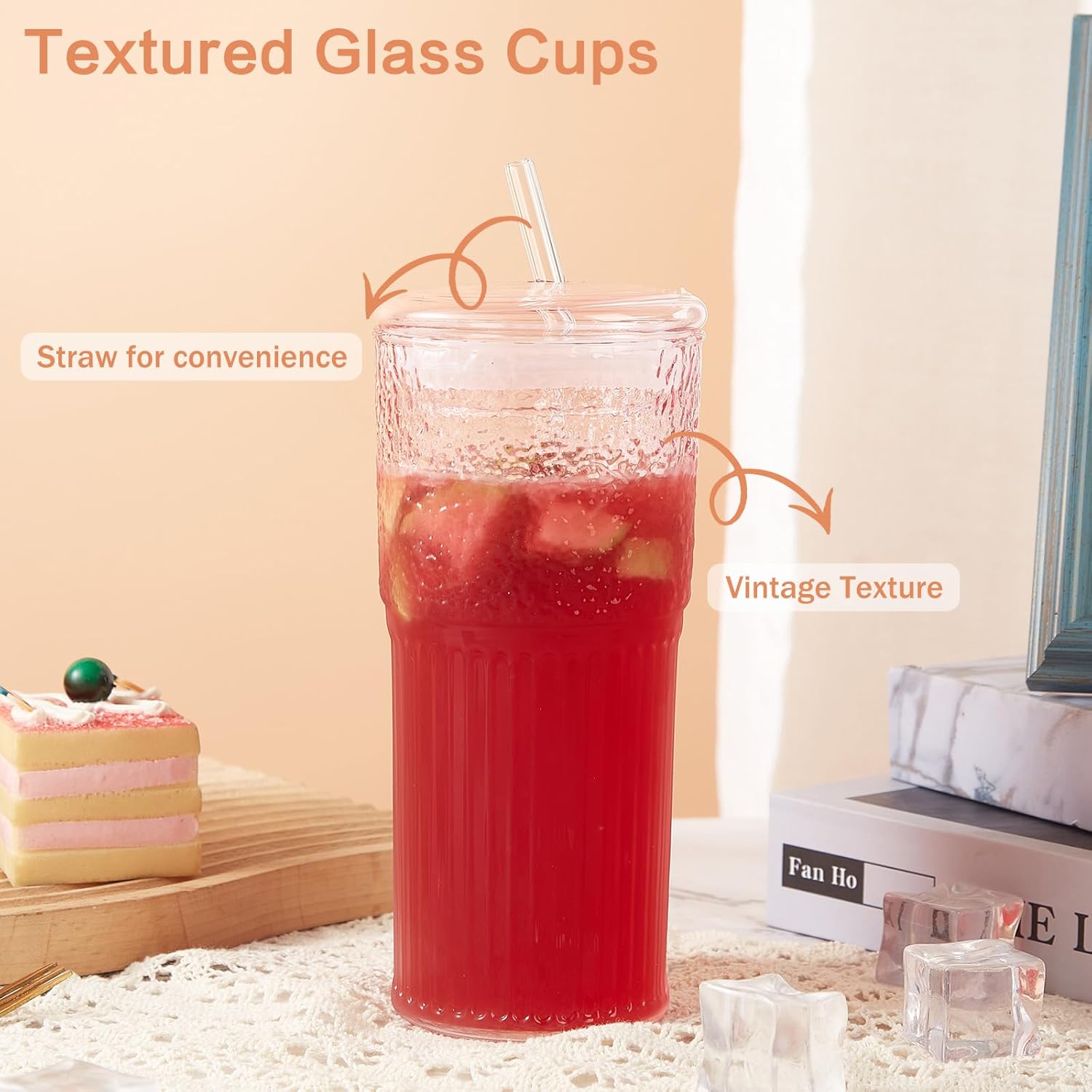 Thumbnail 4 de GOSCHE 590 ml Glass Cup with Lid and Straw – Vintage Ripple Wide Mouth Tumbler (2 Pack) in Pink