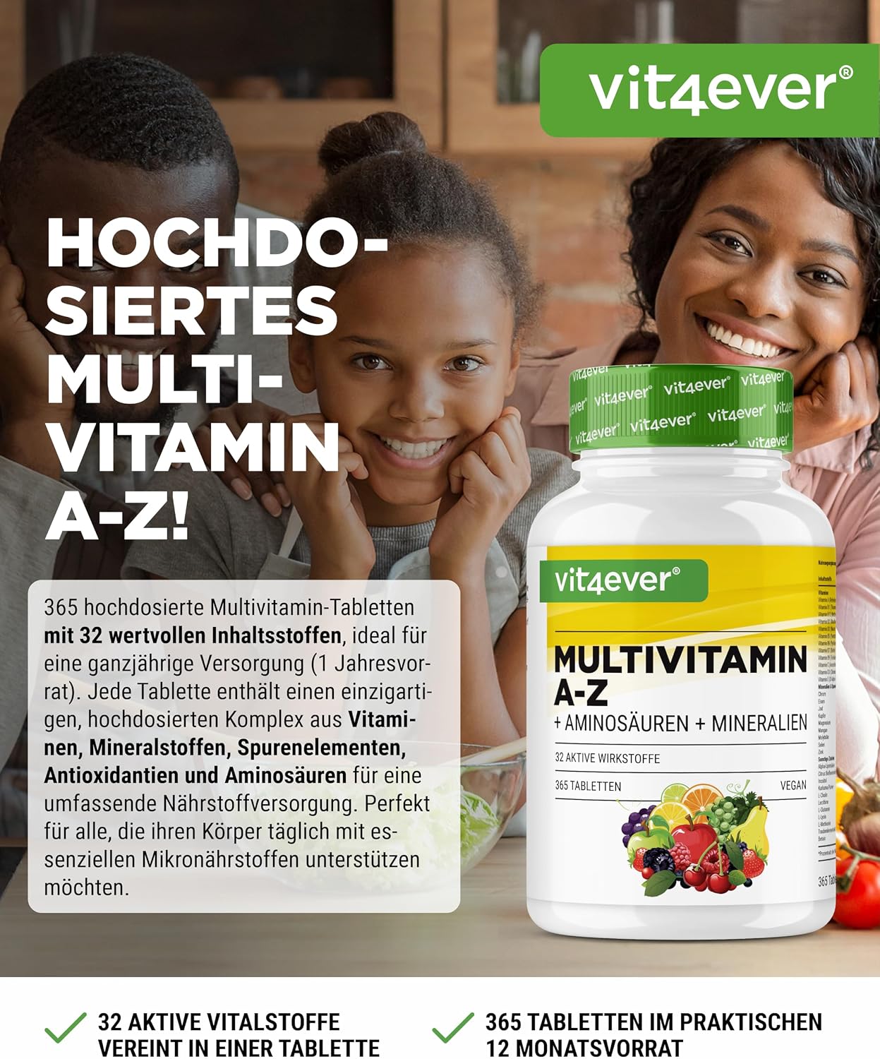 Detalle 2 de Multivitamin A-Z - 365 Tabletten (12 Monate) - 32 aktive Inhaltsstoffe - Kombination aus Mineralien + Aminosäuren + Spurenelementen + Pflanzenextrakten - Vegan - Hochdosiert
Multivitamin A-Z - 365 Tabletten (12 Monate) - 3…