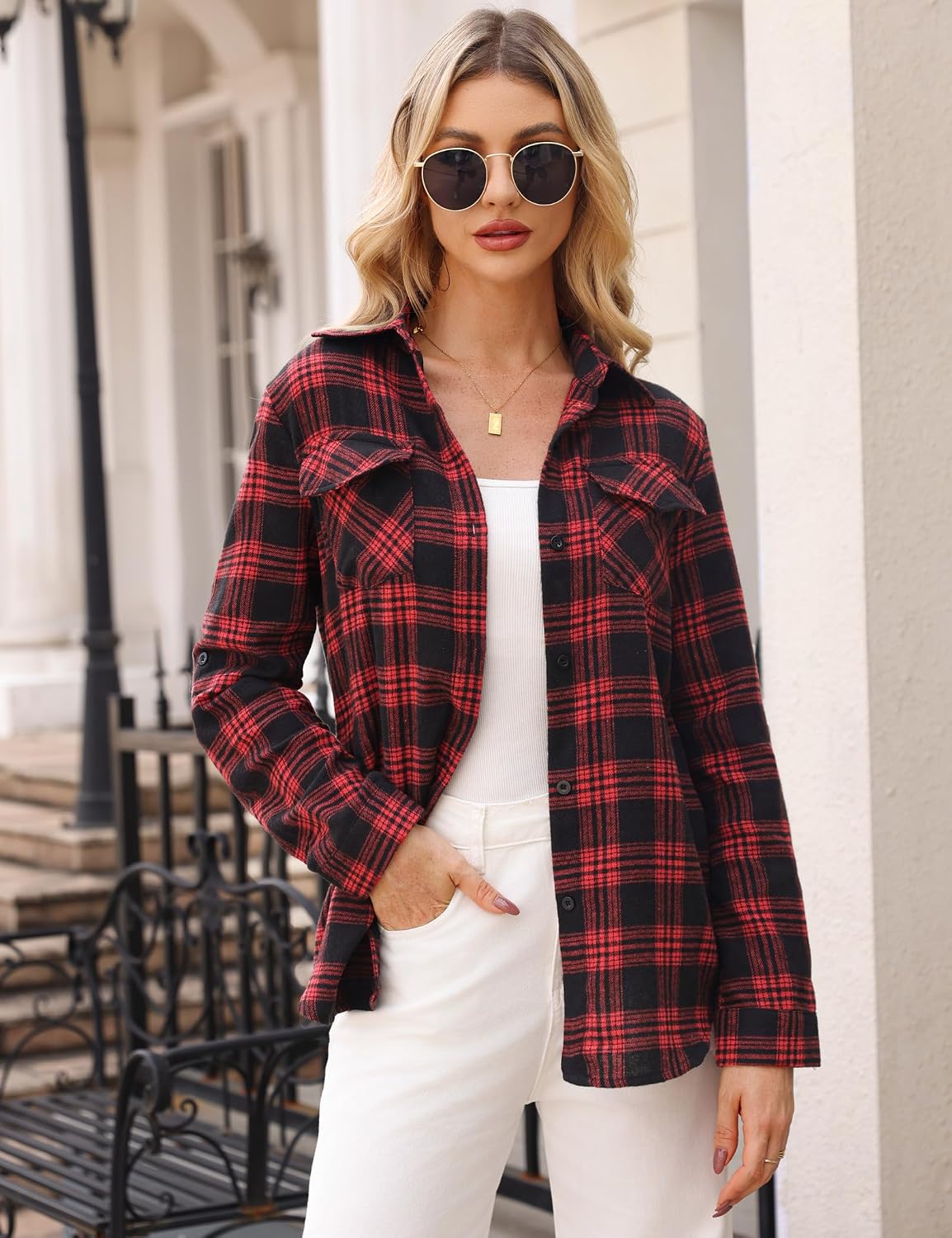 Thumbnail 1 de Irevial Blouses chic en coton à carreaux, boutonnée, manches longues