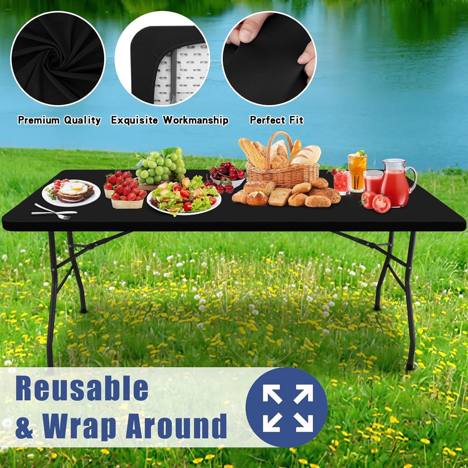 Thumbnail 4 de Moosfor Spandex 6 Foot Rectangle Table Cloth (Black) — Elastic Fitted, Waterproof, Washable Outdoor Table Cover, 30"x72