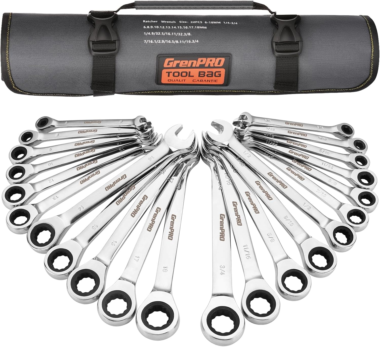 Detalle de GRENPRO 071063 22-Piece Ratcheting Wrench Set, SAE and Metric CR-V