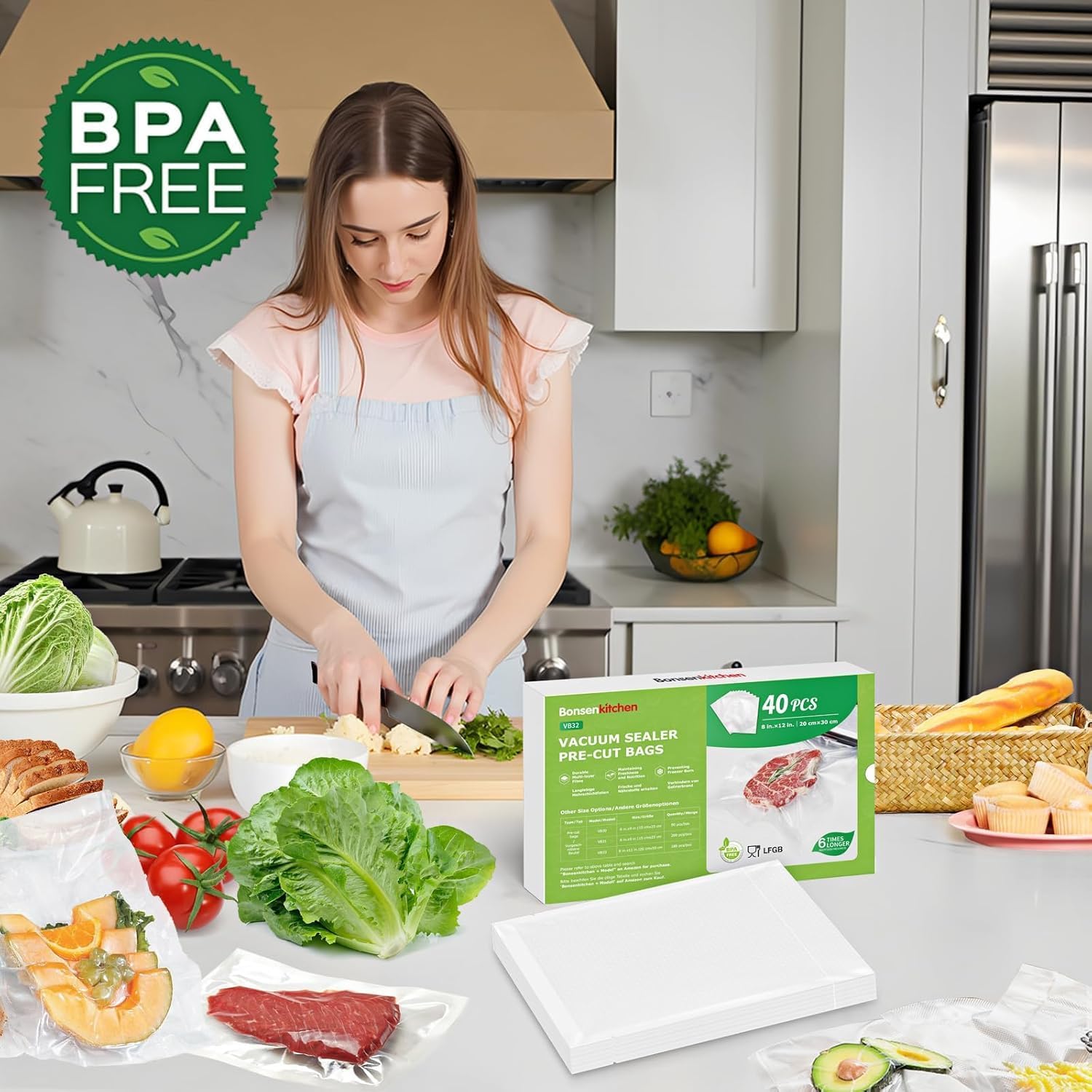 Detalle de Bonsenkitchen Profi Vakuumbeutel VB32 – 40 Vakuumierbeutel 20×30 cm, BPA-frei, zum Kochen & Sous-Vide
