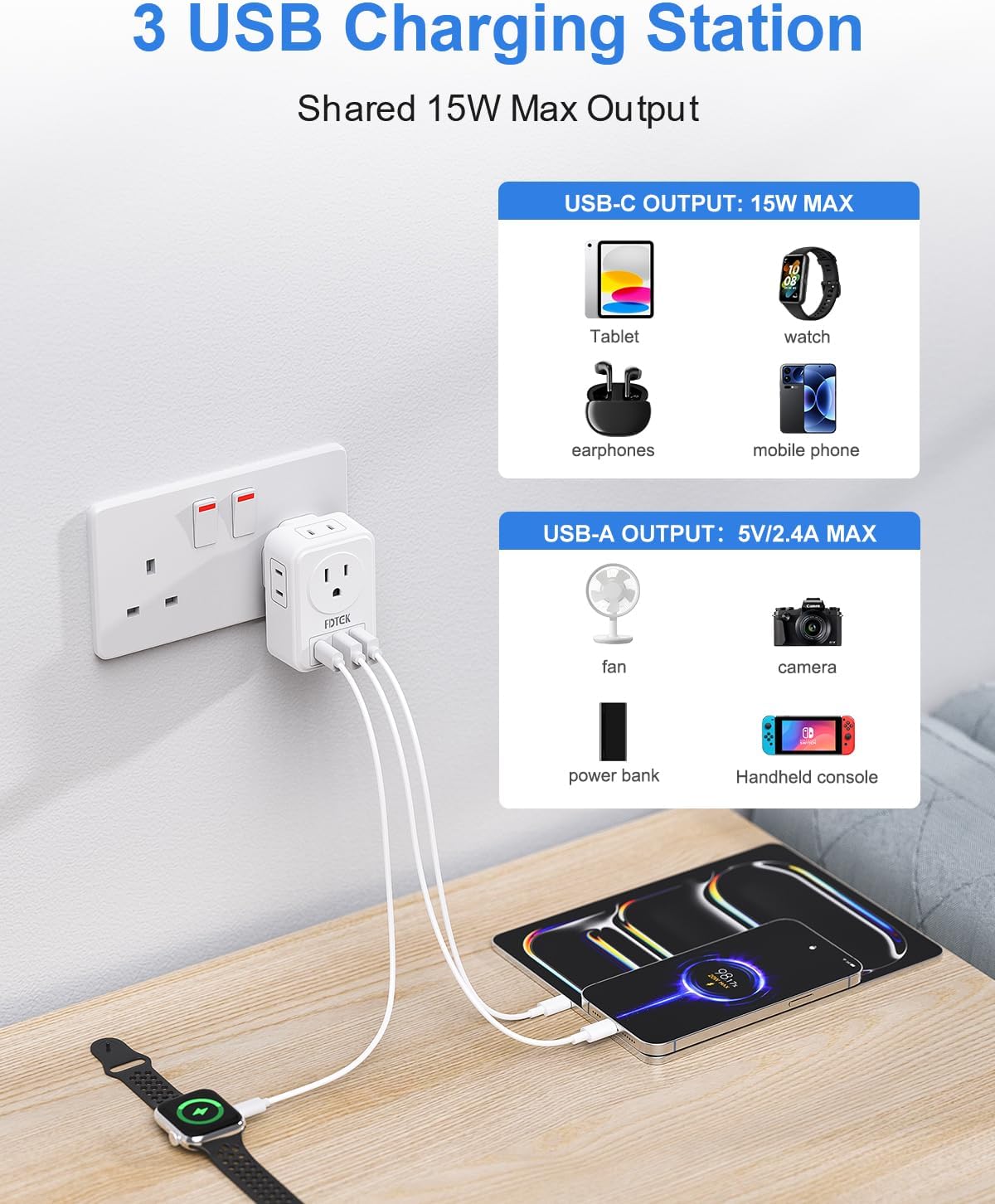 Detalle 2 de FDTEK US to UK Plug Adapter with 3 USB Slots (7-in-1) – Type A/B to Type G