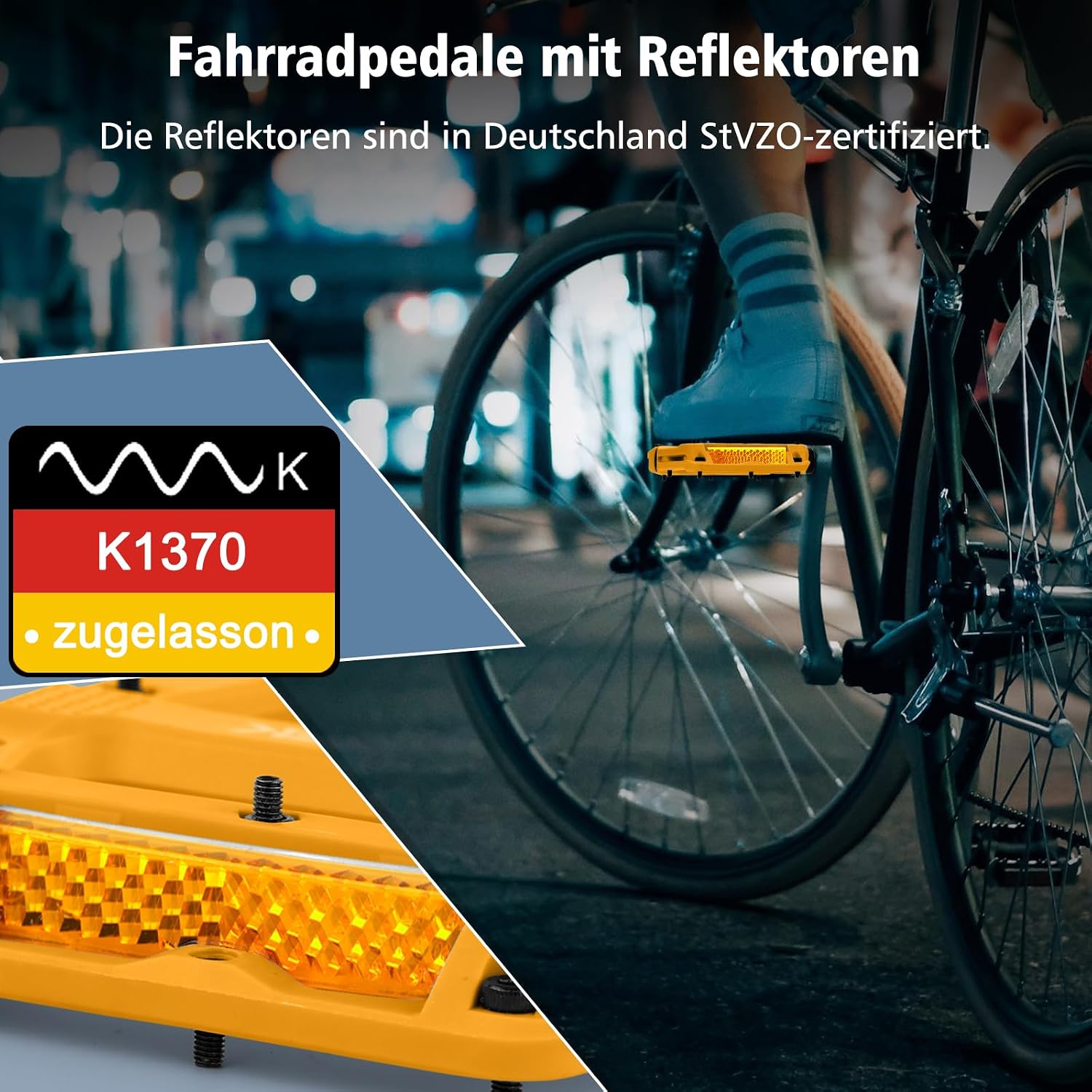 Detalle de toptrek Fahrradpedale mit StVZO Reflektoren (Nylon-Composite Flatpedale) – 9/16 Zoll, 3-Lager-Set mit rutschfesten Pins