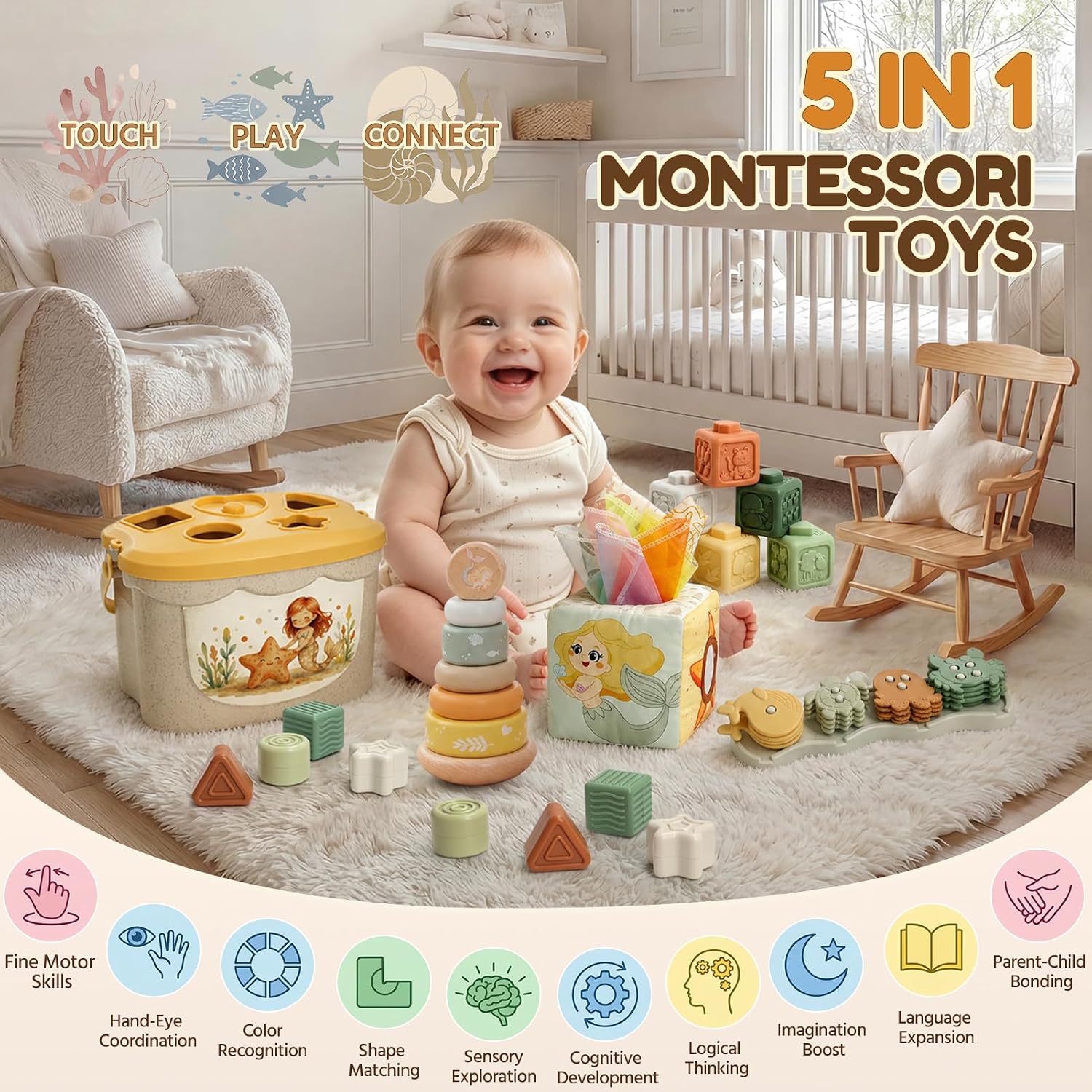 Detalle 2 de Anook SA001A 5-in-1 Montessori Toy with Sound Blocks and Shape Sorting