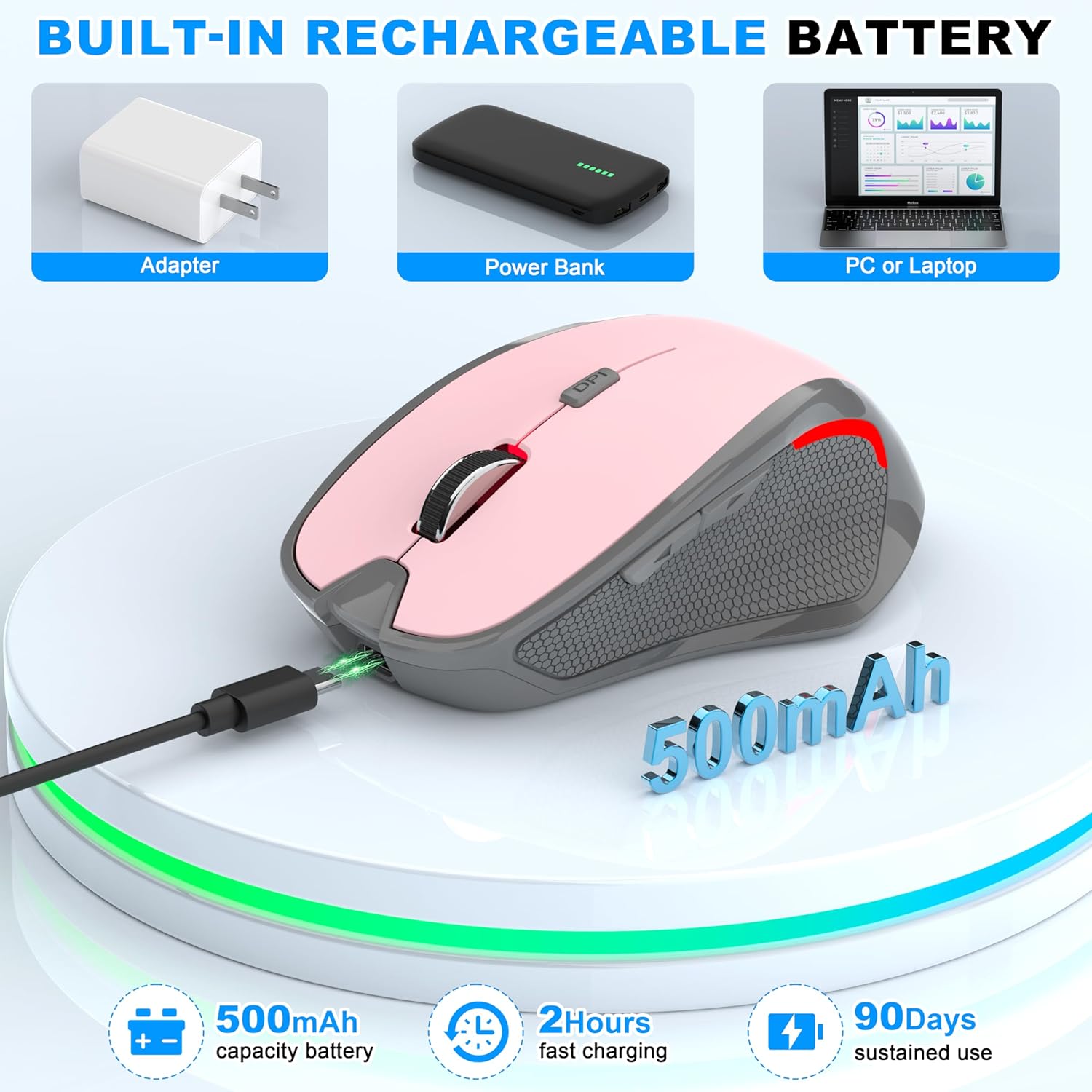 Thumbnail 5 de Azmall Ergonomische Silent-Funkmaus (2,4 GHz & Bluetooth) mit 3 DPI-Stufen und integriertem Mouse Jiggler – Hellrosa