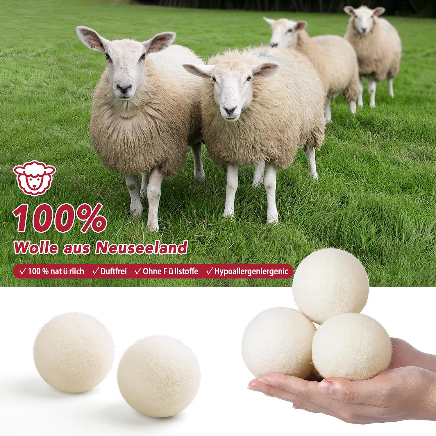 Detalle de Trocknerbälle Wäsche 6er Set 7 cm Naturwolle