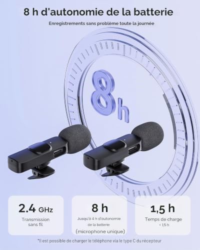 Detalle 2 de KUKIHO 2 Microphones Cravate Sans Fil: kit lavalier Plug‑and‑Play pour iPhone/Android