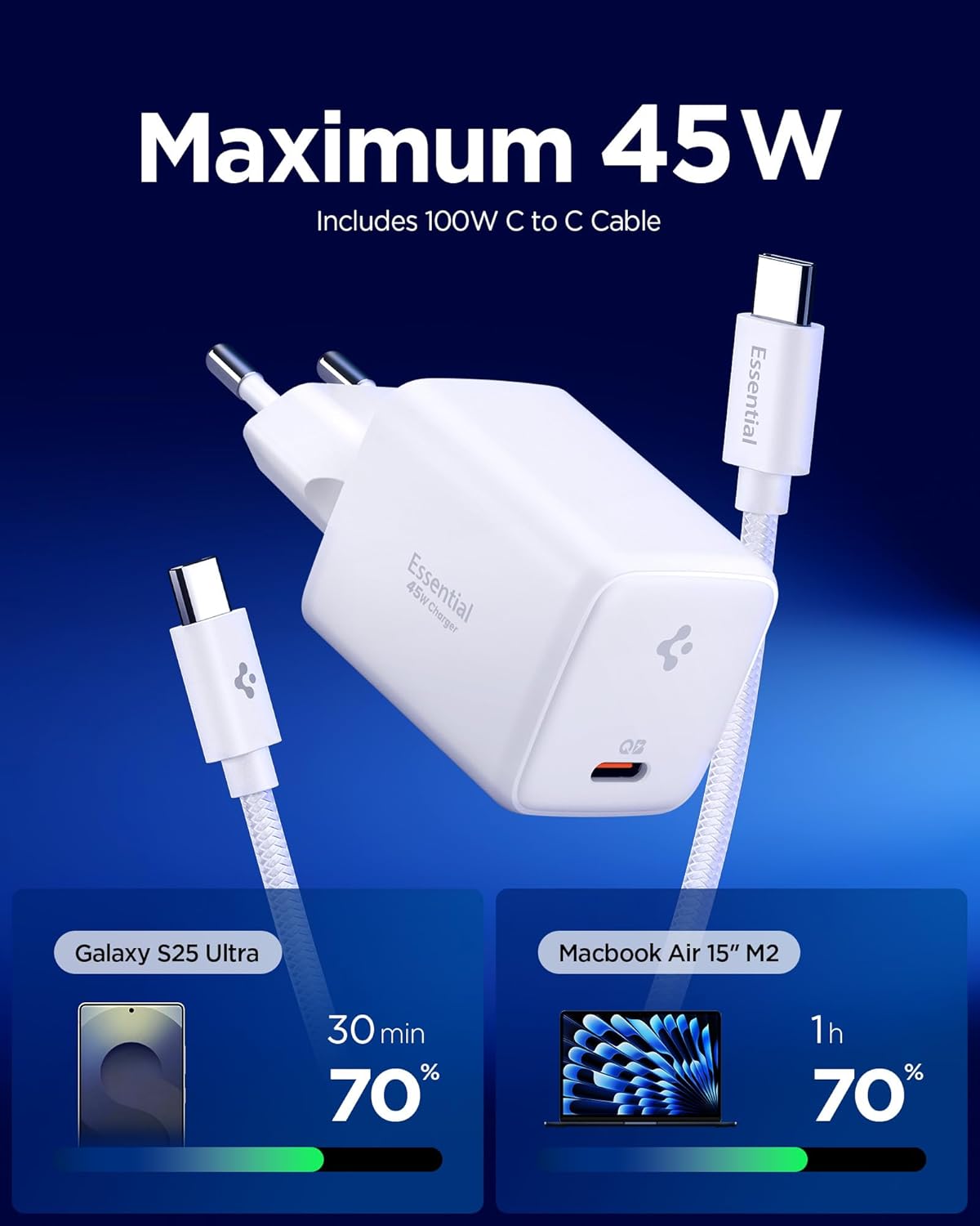 Thumbnail 1 de Spigen ArcStation Essential GaN 45W caricatore USB-C con cavo 100W E-Marker (PD 3.0, PPS) – bianco