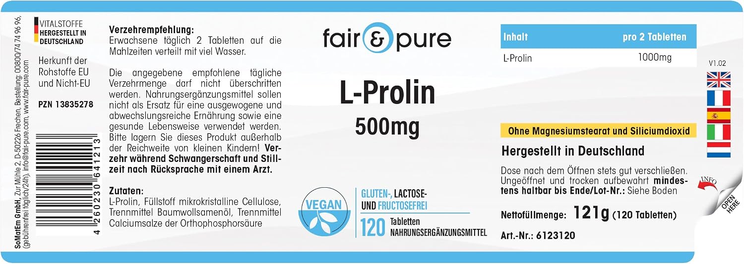 Thumbnail 6 de Fair & Pure L-Prolin 500 mg – 120 Tabletten, vegan, hochdosiert, hergestellt in Deutschland