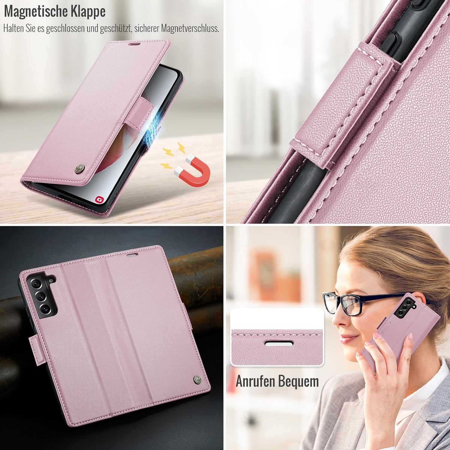 Detalle de Phernykas Handyhülle Samsung S21 – Leder-Wallet mit Kartenfach, Standfunktion und RFID-Schutz (Golden)