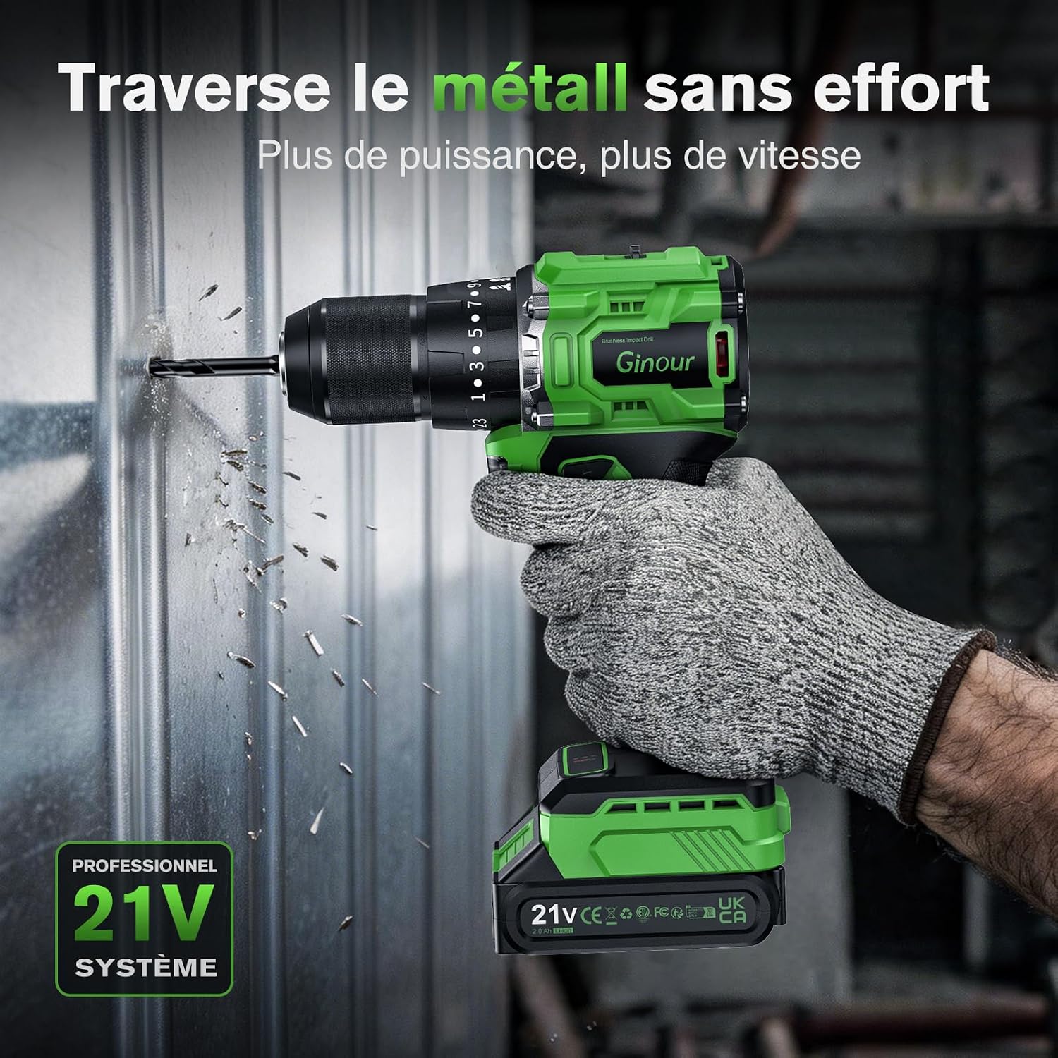 Thumbnail 4 de Ginour Brushless Perceuse-Visseuse à Percussion sans fil 50 Nm, 21V – 2 vitesses, 10 mm, batterie 2 Ah