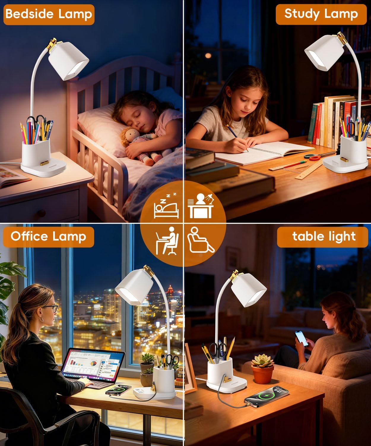 Detalle de Hifireelf LED Desk Lamp with Gooseneck, USB Ports and Pen Holders