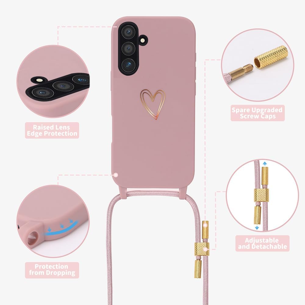 Detalle de Handykette mit Kordel für Samsung Galaxy A17 5G – Herzmuster Silikonhülle mit abnehmbarer Kette, rosa