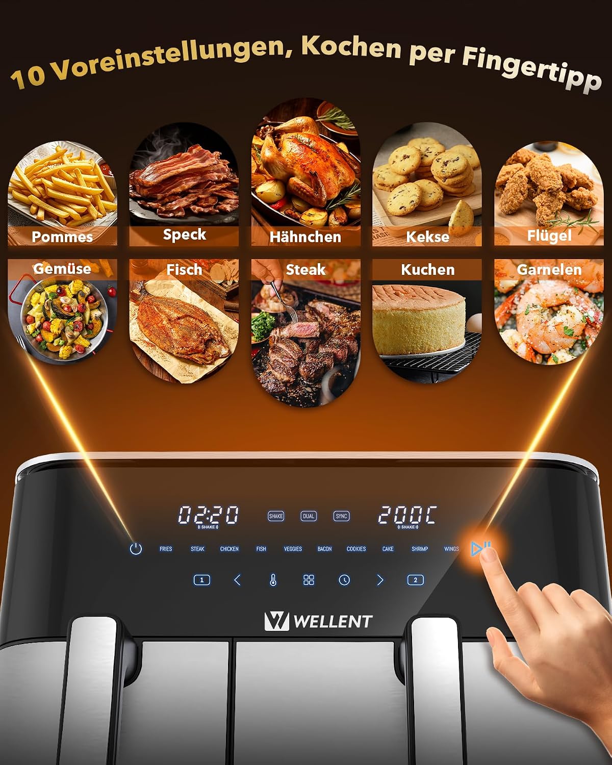 Detalle de WELLENT XXL 11 L Airfryer mit 2 Kammern – 2600 W, Dual Zone, Sync & Match Funktion