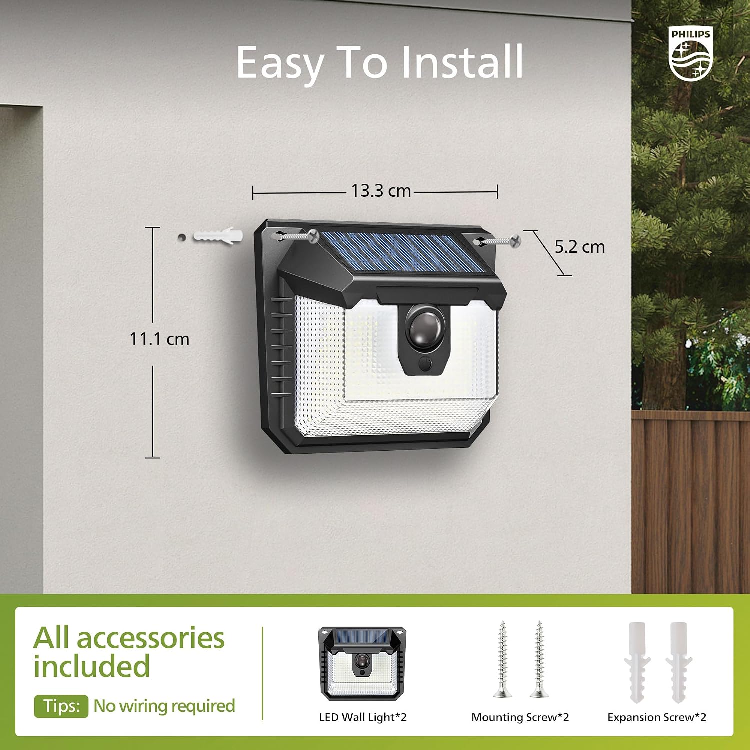 Detalle de Philips Outdoor Solar Lights with Motion Sensor (2 Pack) – 120 LED, 300 Lumen, 3 Lighting Modes