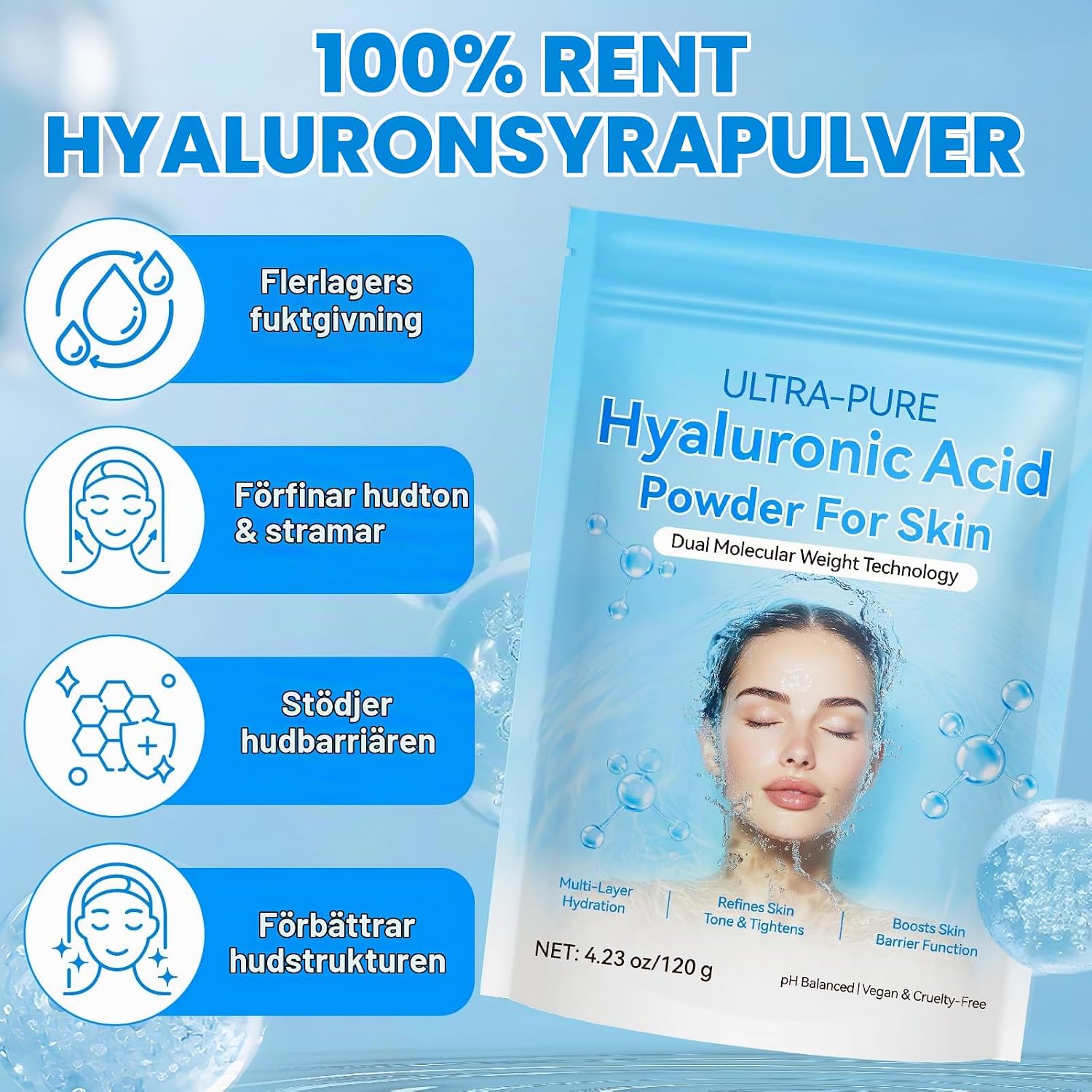 Detalle de OEDPMFYL hyaluronsyrapulver för hudvård, parfymfritt, 120 g