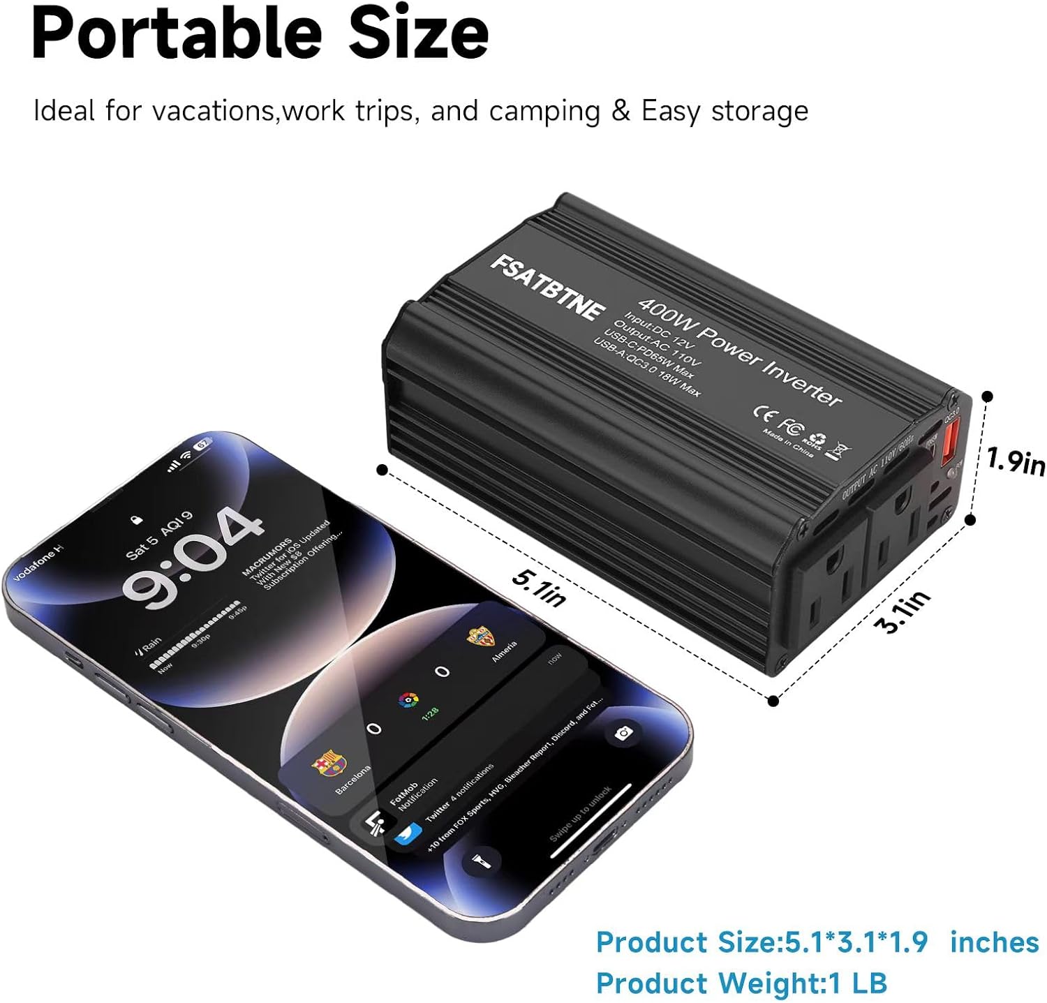 Detalle 2 de FSATBTNE 400W Power Inverter (DC 12V to 110V AC) with 65W USB-C, 18W USB-A, and 2 AC Outlets