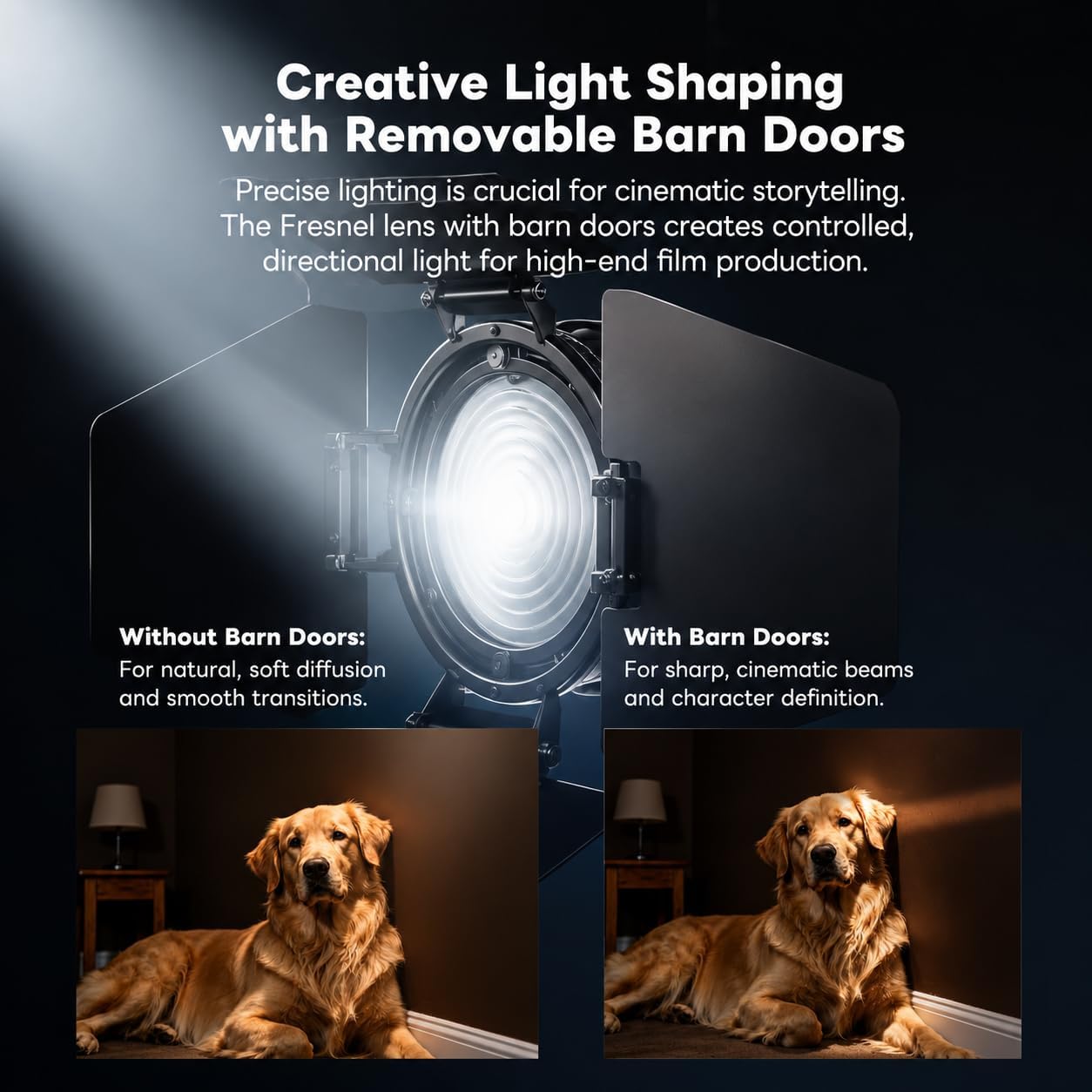 Detalle de DFCINE 10X Bowens Mount Fresnel Linse mit 4-flügeligen Barn Doors – 10–45° Fokus-Lichtformer für COB-Videoleuchten bis 200 W