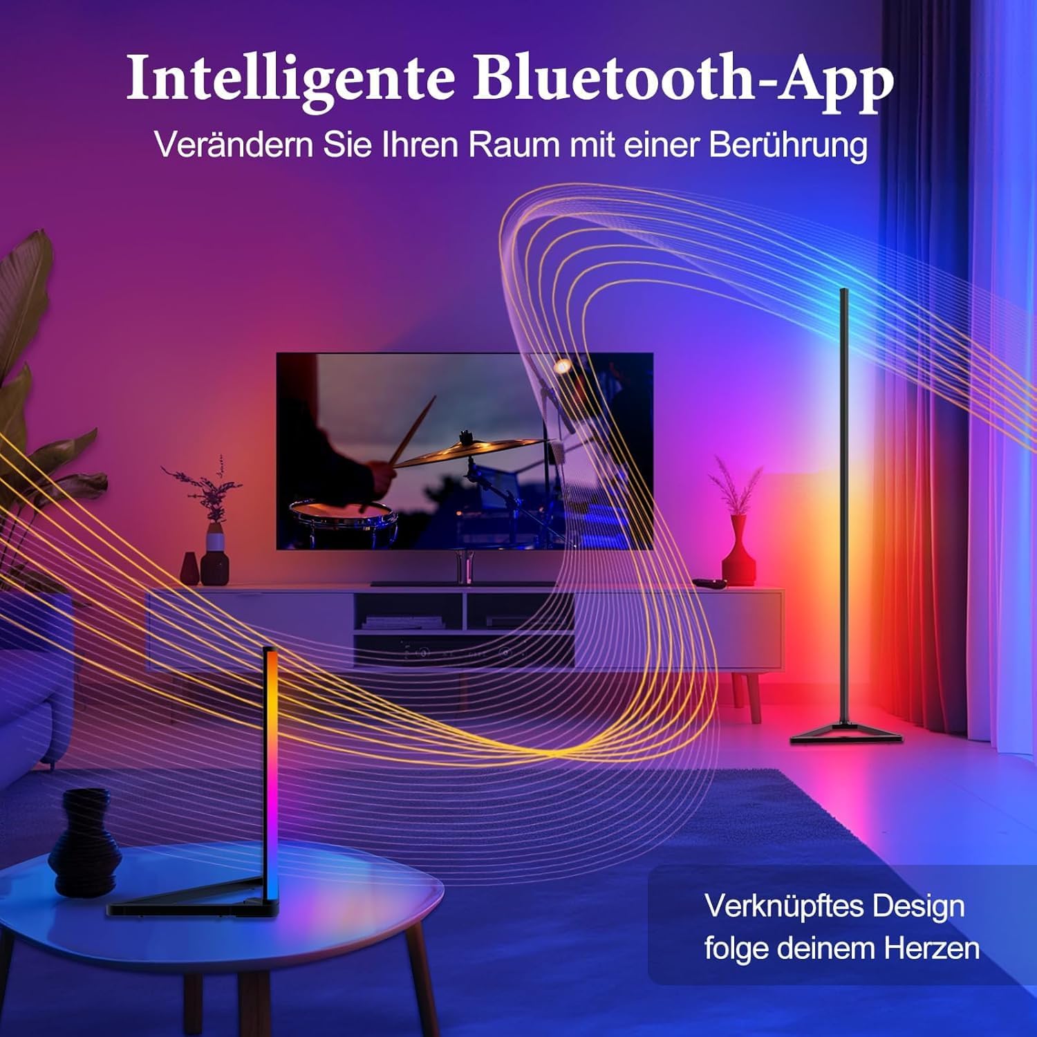 Thumbnail 3 de LED Stehlampe fürs Wohnzimmer dimmbar, 140 cm abnehmbar – RGBIC mit App, 16 Mio. Farben & Musikmodus (schwarz, 2 Stück)
