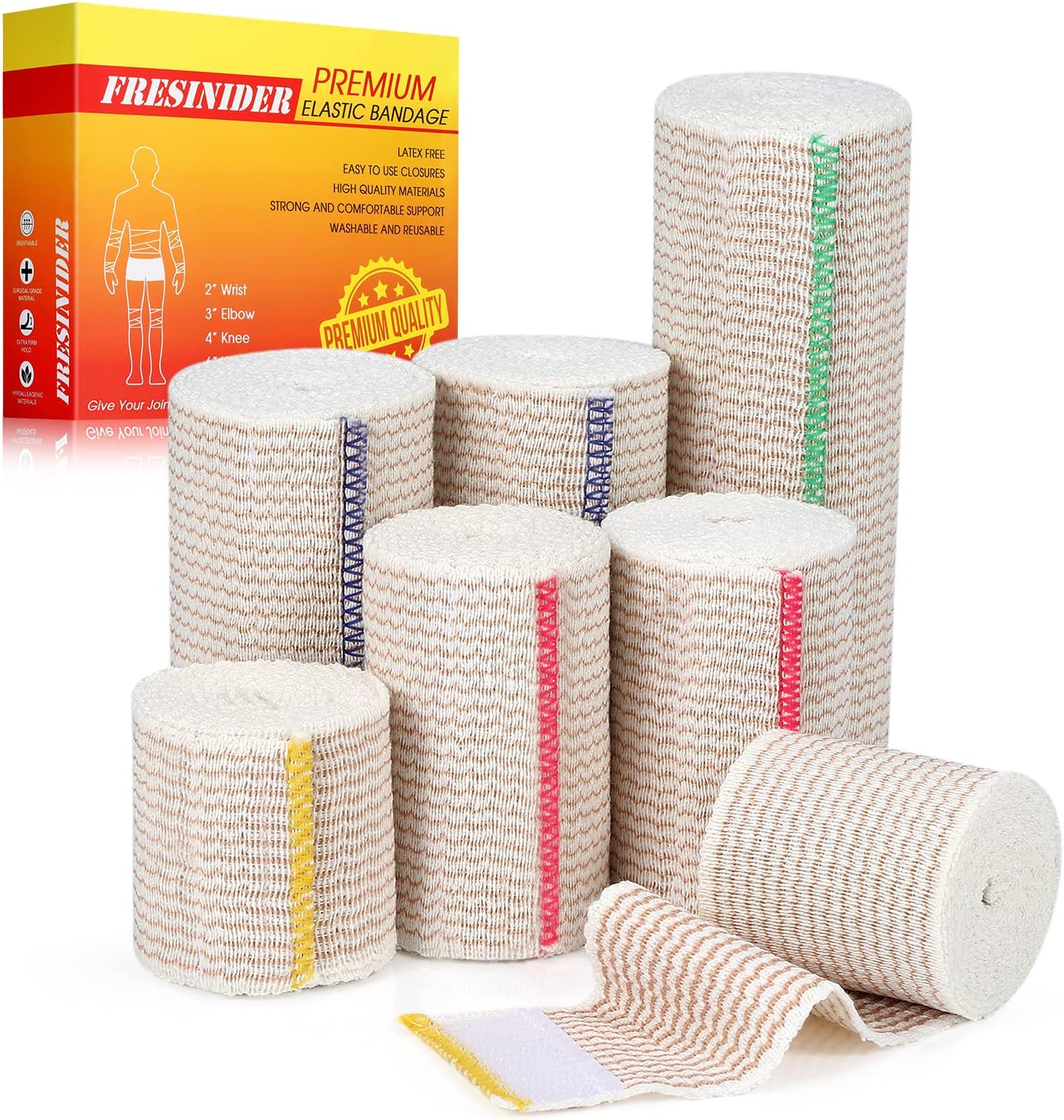 Detalle de FRESINIDER 7-Pack Elastic Bandage Wrap Set, 2-, 3-, 4- & 6-Inch Cotton