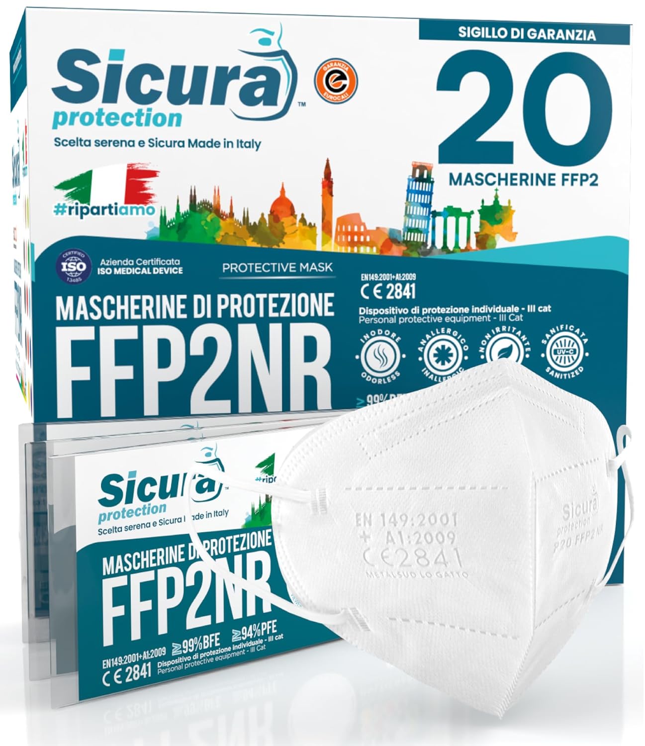 20 Mascherine FFP2 Certificate BIANCHE SICURA (BFE ≥99%) in TNT bianco, sigillate e conformi EN 149:2001+A1:2009
