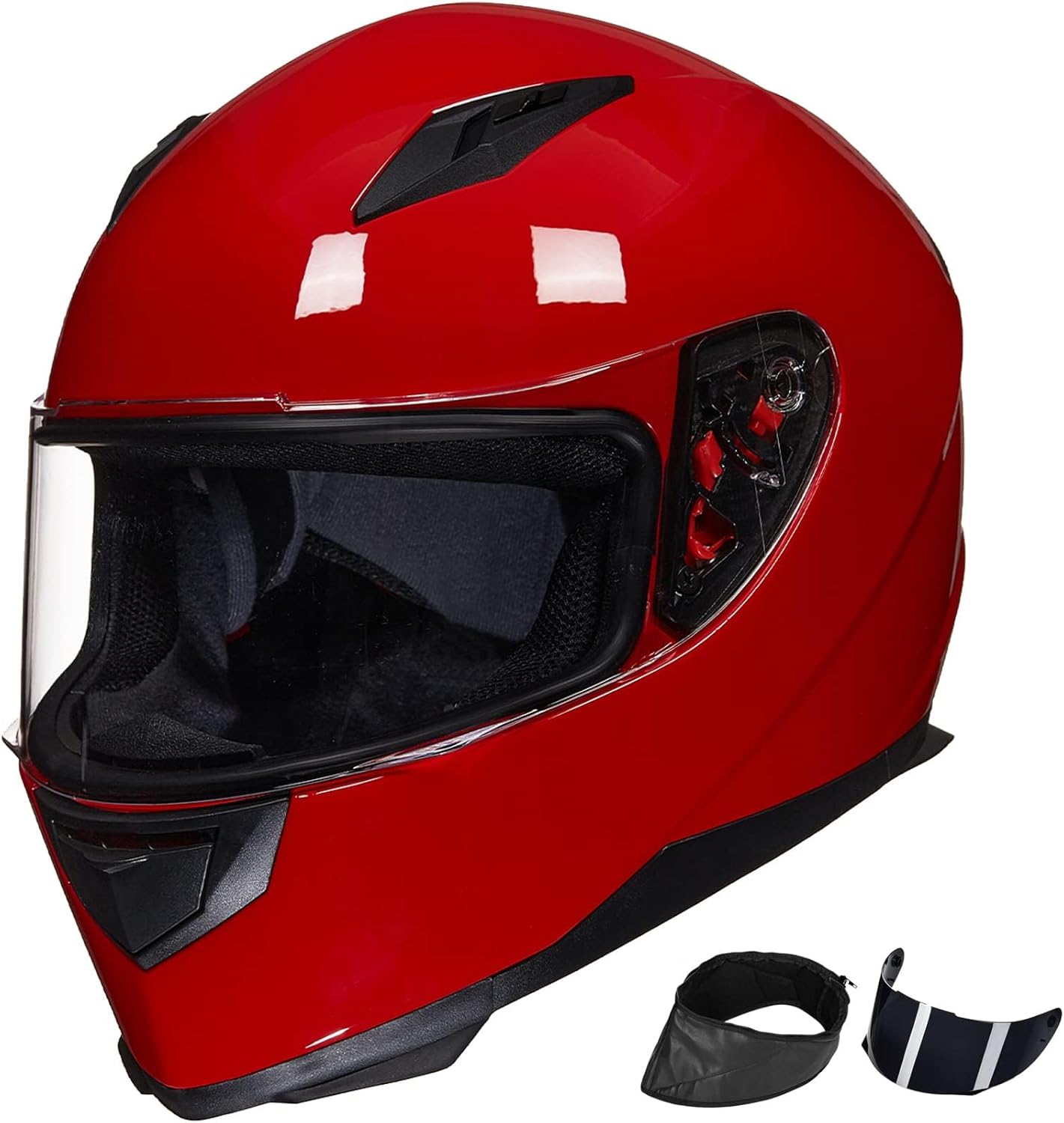 ILM-313 Full Face Street Bike Helmet (DOT) with 2 Visors + Removable Winter Neck Scarf, Bright Red (L)