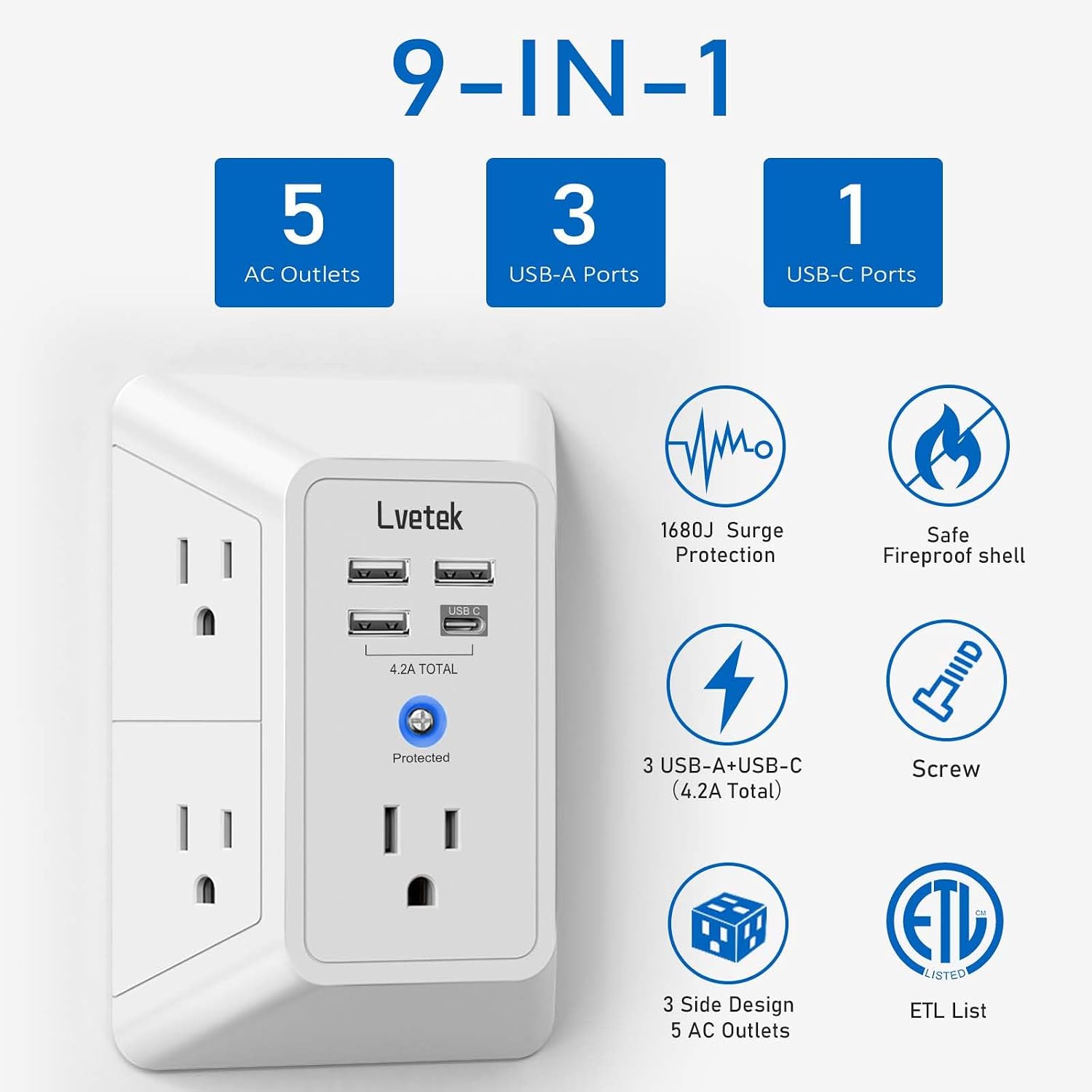 Detalle 2 de Lvetek QF-519F Wall Outlet Extender with 5 Outlets, 4 USB Ports and 1680J