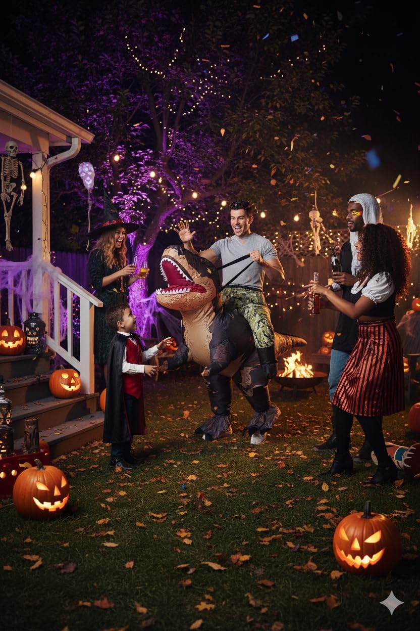 Thumbnail 3 de FUNFOCUS aufblasbares Dino-Kostüm für Erwachsene (Ganzkörper) – Luft-Dinosaurier für Fasching, Halloween & Party