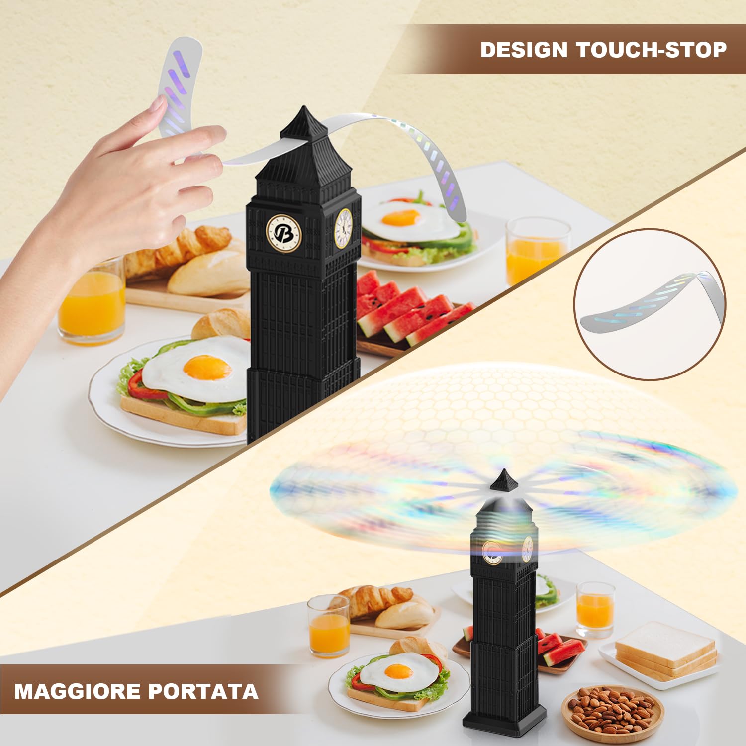 Detalle de Repellente per Mosche a 4 ventole: Ventilatore Repellente Portatile da Tavolo con gancio