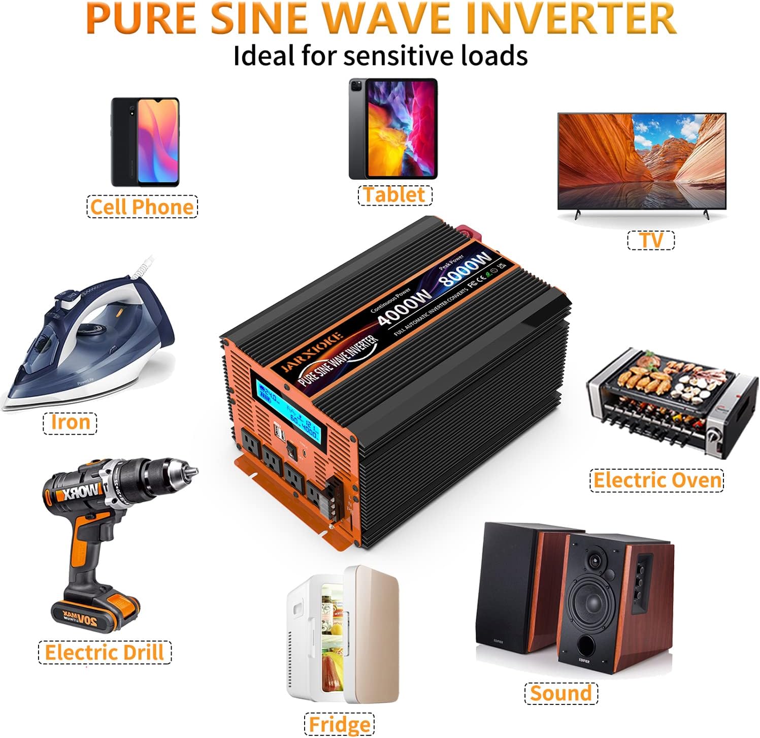 Detalle de 4000 Watt Pure Sine Wave Power Inverter (24V DC to 110/120V) with Remote, LCD, and Dual USB – JARXIOKE