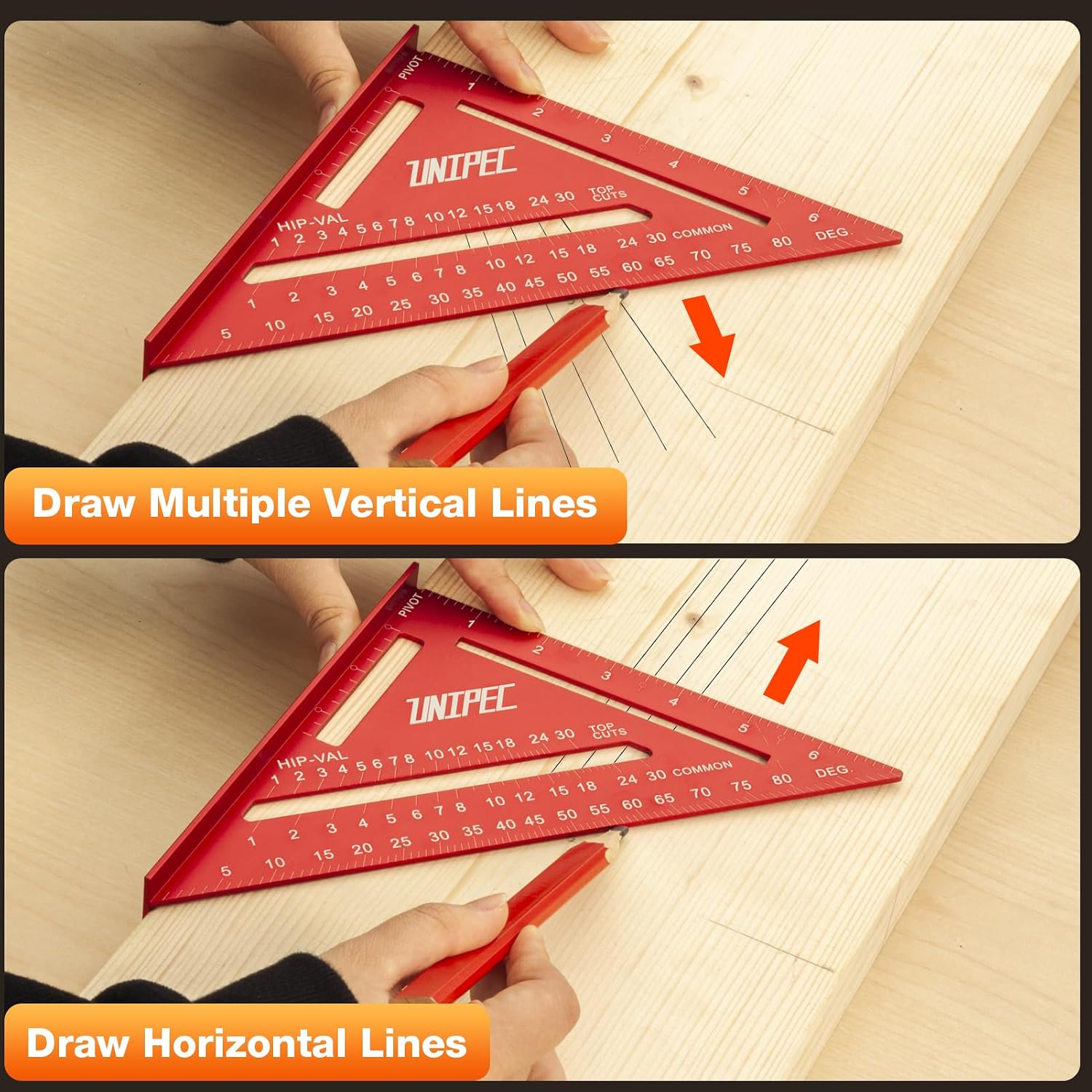 Detalle 1 de UNIPEC 7" Aluminum Rafter Square with Triangle Ruler, Protractor & Pencils