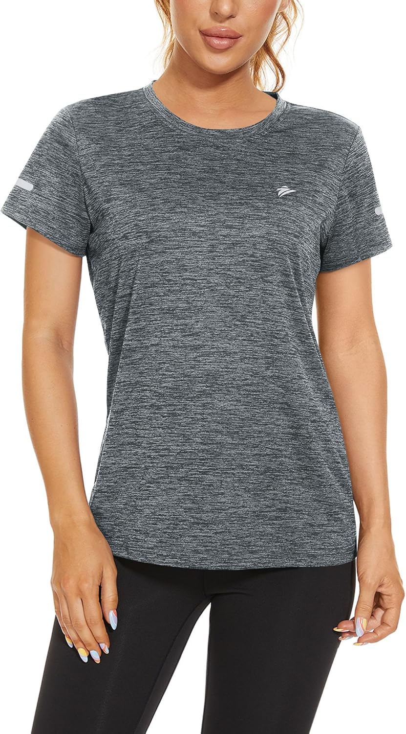 Detalle de KEFITEVD Melange Sportshirt Damen Kurzarm mit Reflexstreifen – atmungsaktiv, schnelltrocknend, Regular Fit