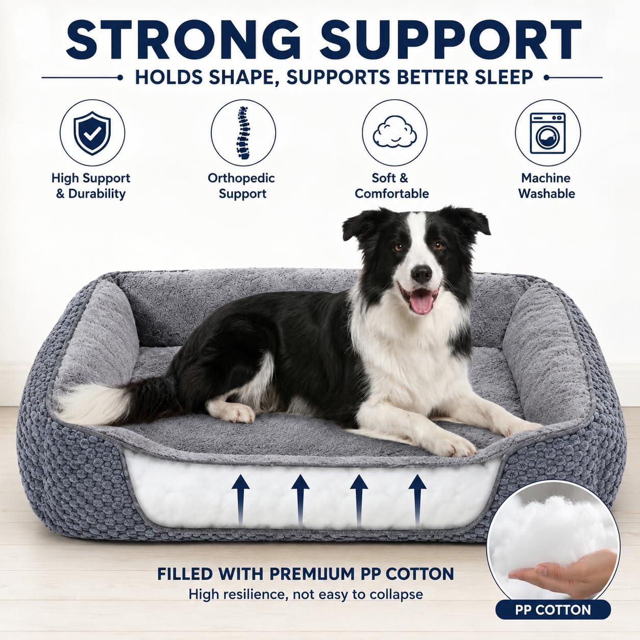 Detalle 2 de Oveppy Large Dog Bed 76x62x23cm – Washable super-soft rectangle with raised edge