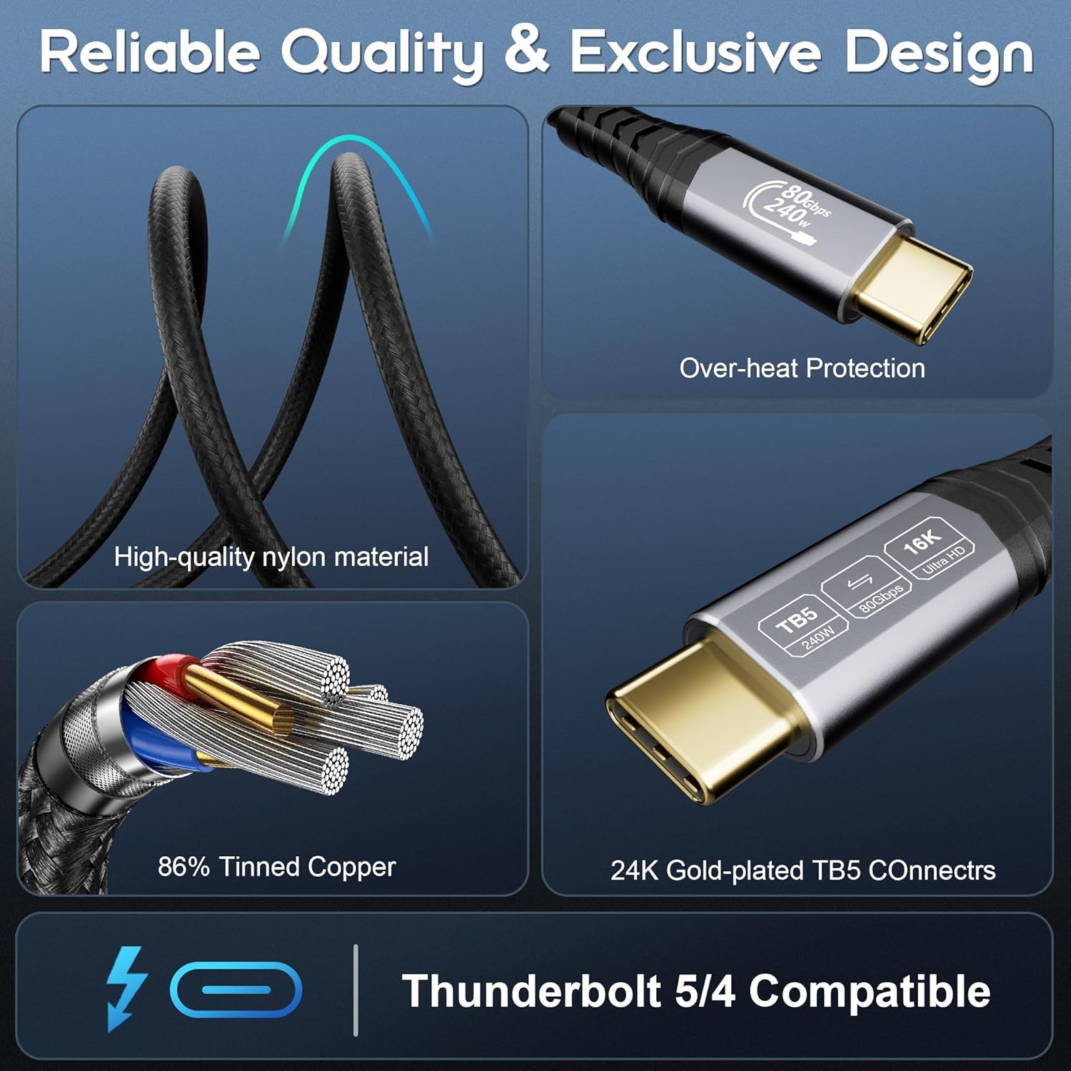 Thumbnail 5 de CABLAPTOP Thunderbolt 5 Cable (0.5m) up to 120Gbps data, 240W USB‑C charging for MacBook, dock, eGPU and monitors