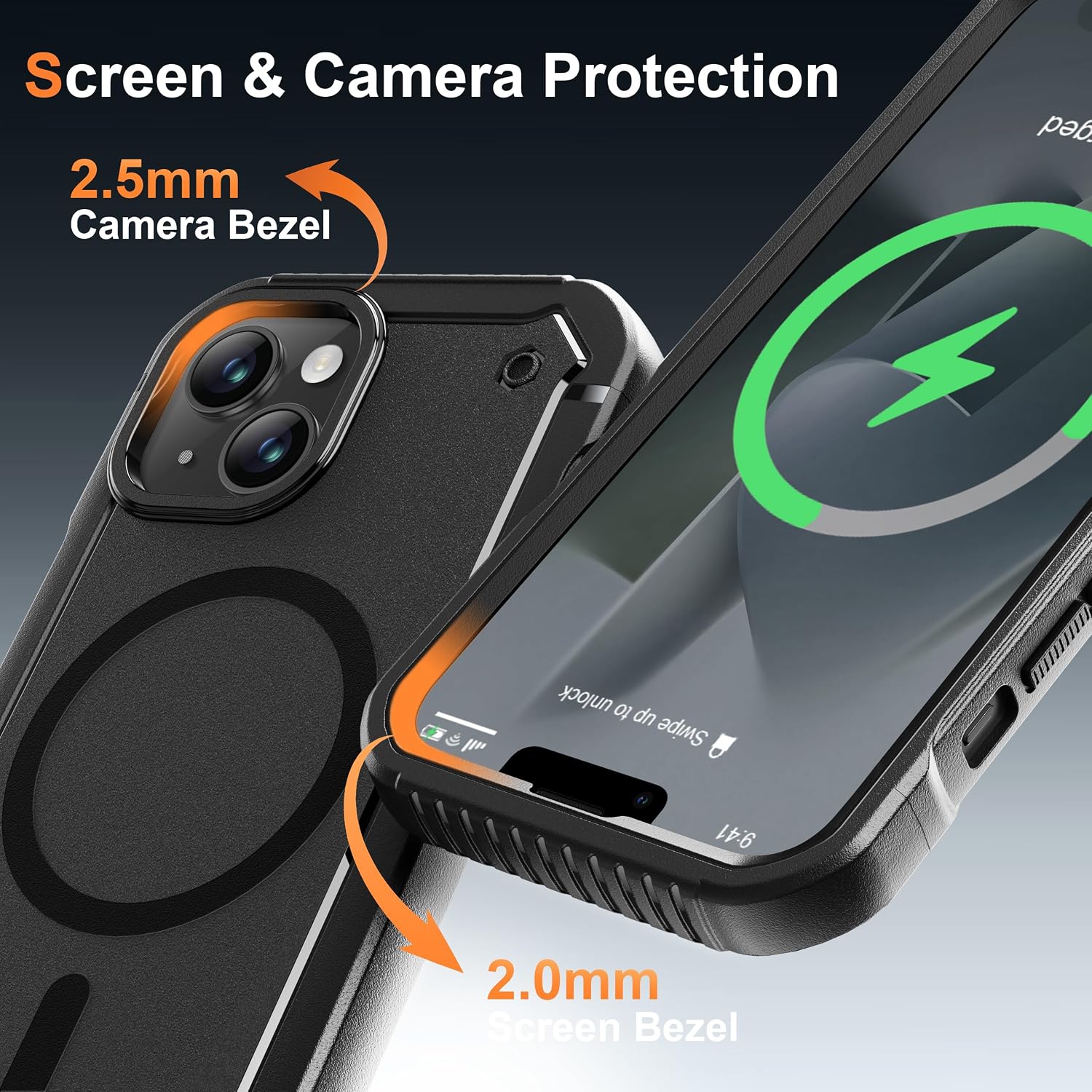 Detalle de ORETECH Magnetic Case for iPhone 14 with 2x 9H Tempered Glass Screen Protectors – 360° Rugged Black