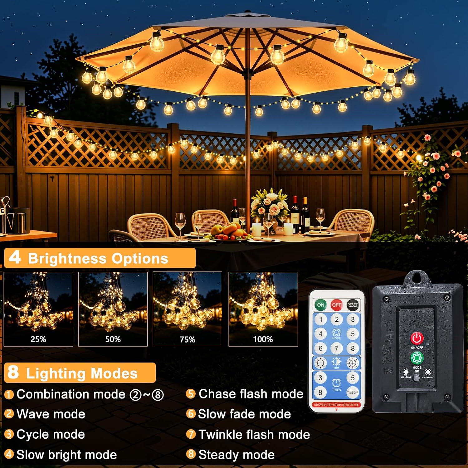 Detalle de Solar Lichterkette Outdoor 10 m mit 100 LEDs – 8 Modi, Fernbedienung, IP44