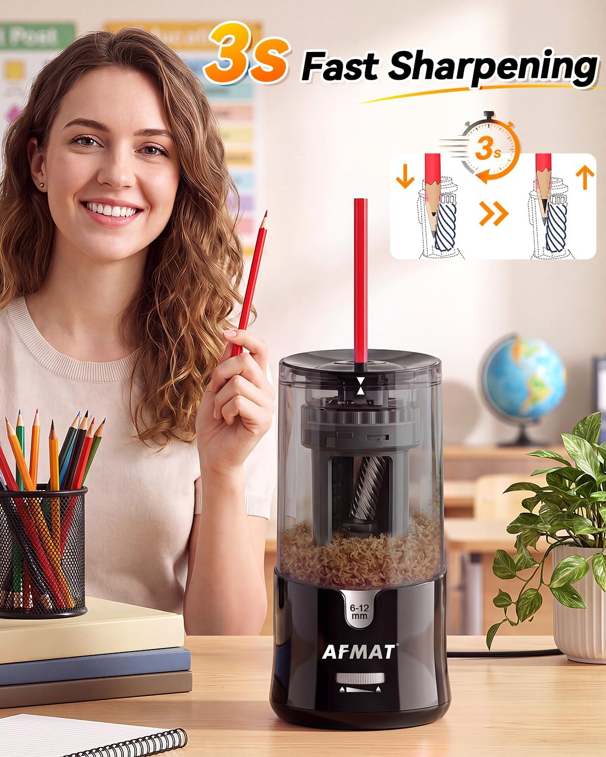 Detalle de AFMAT PS92 Electric Pencil Sharpener for 6–12 mm Pencils, Auto-Stop