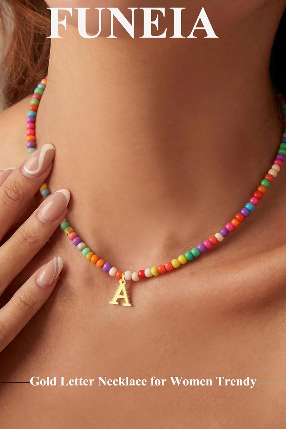 Thumbnail 1 de FUNEIA bunte Perlenkette mit Buchstaben-Anhänger – initiale Halskette als Boho-Schmuck für Damen & Mädchen