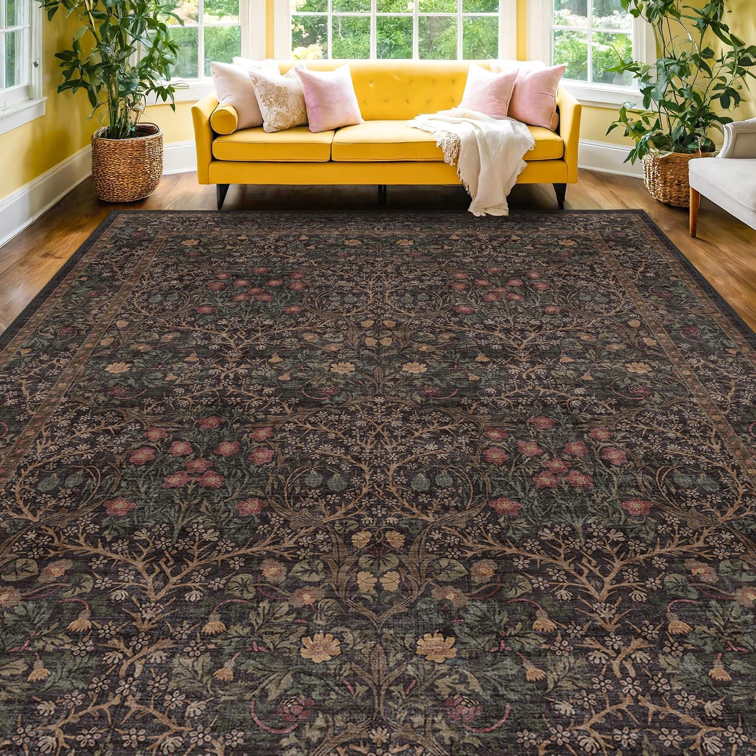 Detalle de Hazo Haus RUG 002 Dark Brown 9' x 12' Washable Floral Area Rug