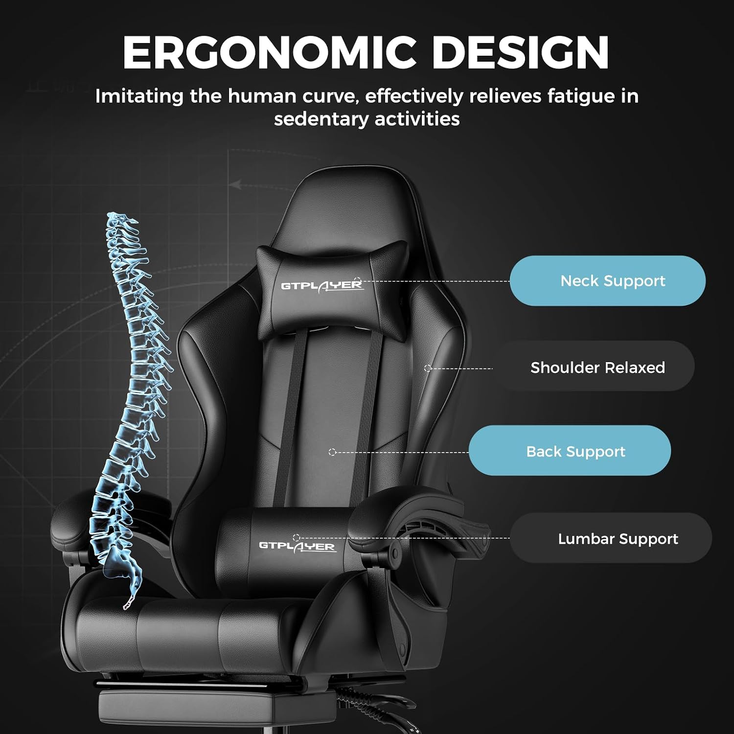 Thumbnail 5 de GTPLAYER Gaming Chair with Footrest, Lumbar Support, Headrest, and Height Adjustment (Black Faux Leather)